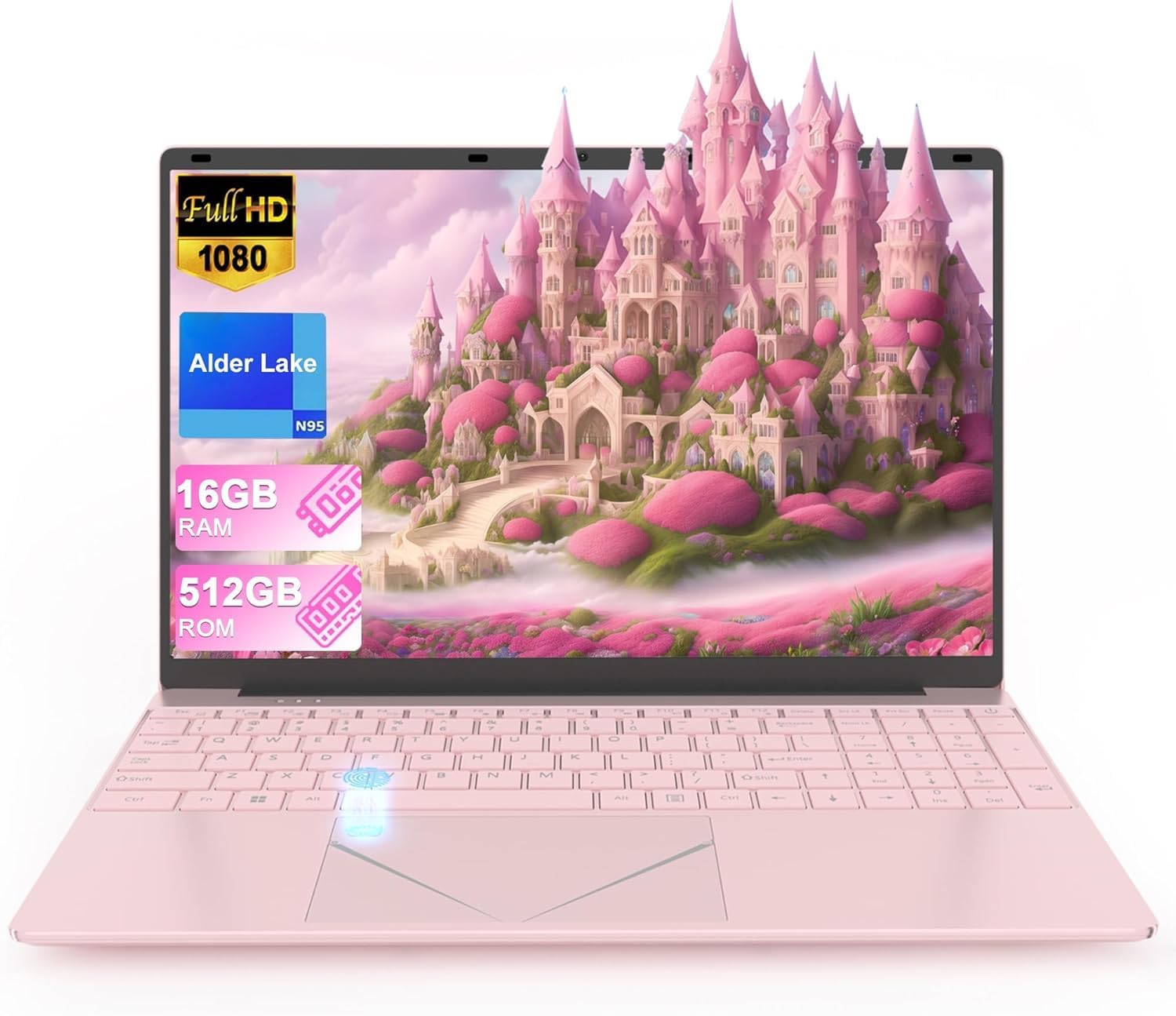 15.6 inch Pink Laptop Computer, Alder Lake Quad Core N95 CPU Laptop, 16GB DDR4 512GB SSD Portable Laptop PC with Fingerprint Unlock, FHD IPS Display, Color Backlit KB, WiFi5 Bluetooth 4.2,HDMI, USB3.0 15.6 inch Pink Laptop Computer, Alder Lake Quad Core N95 CPU Laptop, 16GB DDR4 512GB SSD Portable Laptop PC with Fingerprint Unlock, FHD IPS Display, Color Backlit KB, WiFi5 Bluetooth 4.2,HDMI, USB3.0