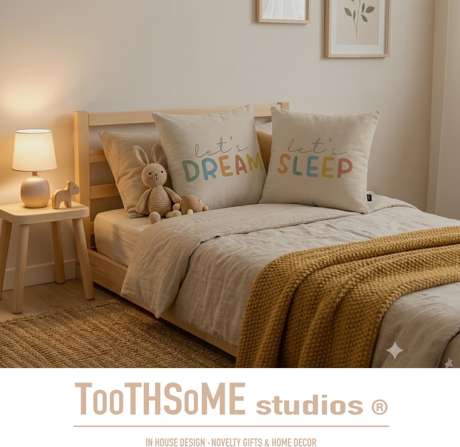 Toothsome Studios Let's Sleep, Let's Dream, Cute Kids Room Throw Pillow Cover Set, 15.75" x 15.75", Polyester, 2-Pack (Let'sSleep/Dream)