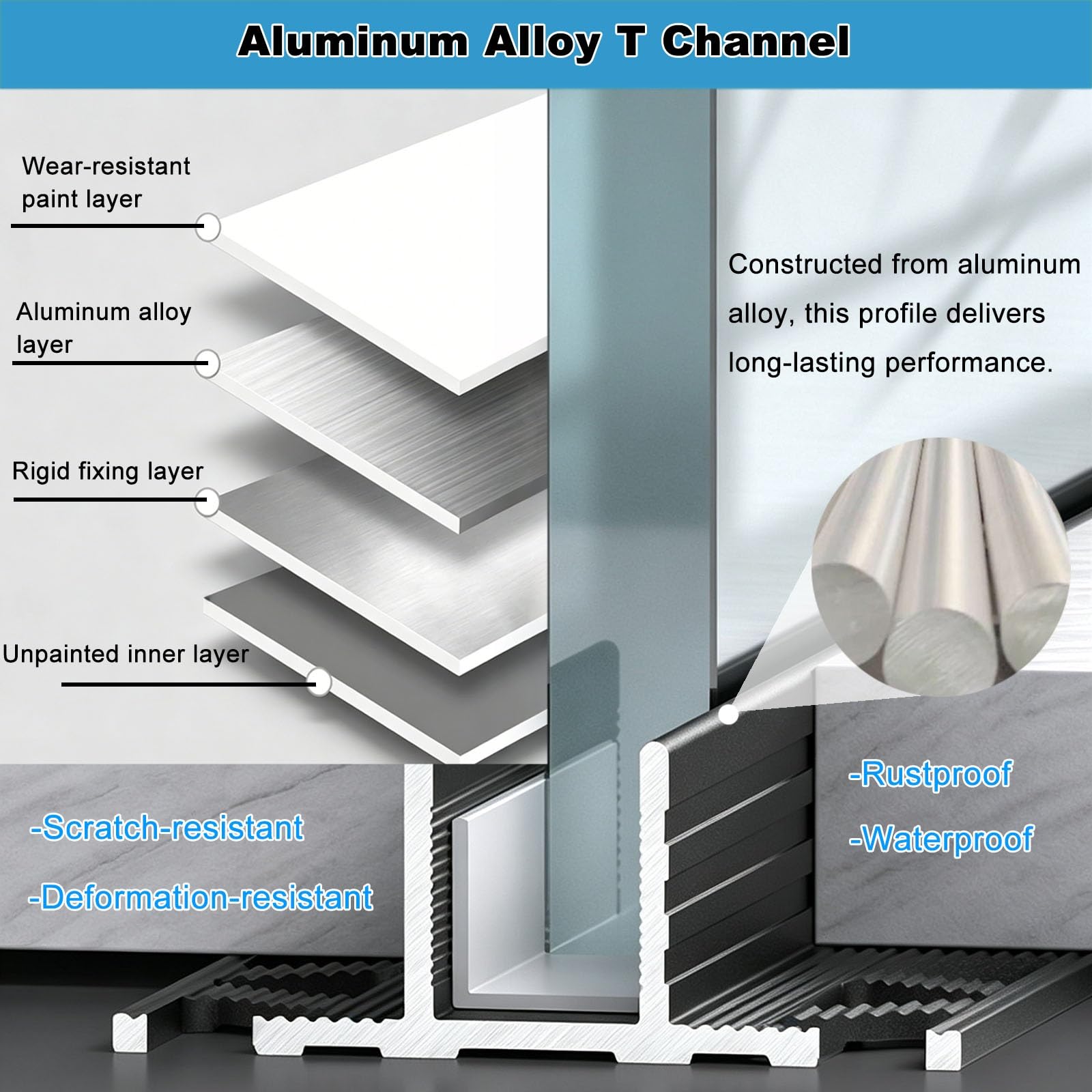 Canal de aluminio para cristal tipo T, resistente a la oxidación | Junta protectora de PVC integrada, apta para cristales de 8, 10 y 12 mm de grosor para oficinas(12mm Black,300cm/118.1")