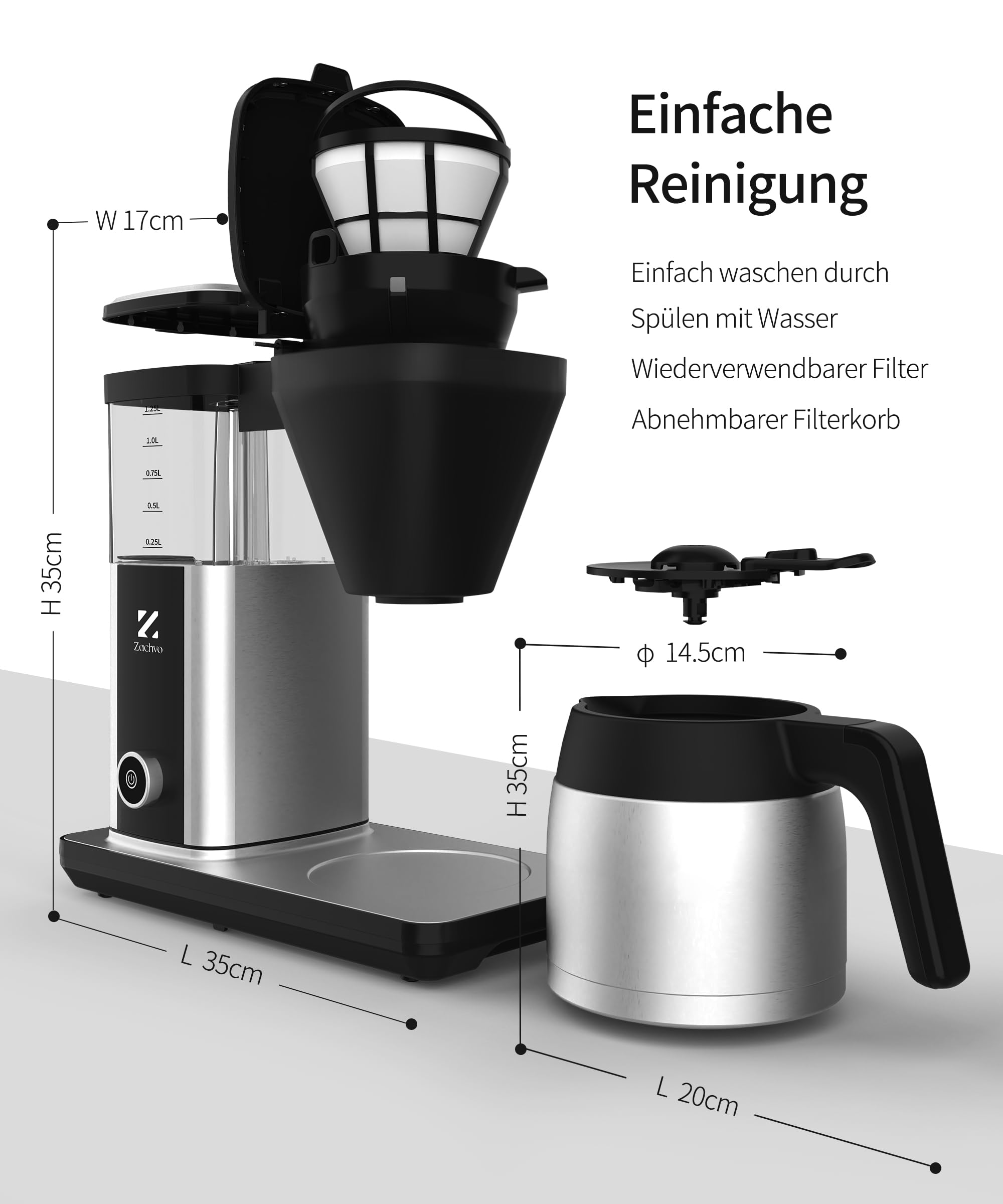 cafetera de goteo con jarra térmica y depósito de 1,25 L, cafetera eléctrica filtro 10 tazas, sistema antigoteo, apagado automático, acero inoxidable, PID 92 °C, 4,5 min preparación rápida