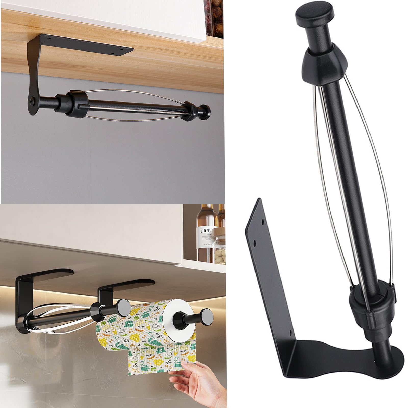 Porta Rotolo Da Cucina In Acciaio Inox – Da Parete Con Doppia Installazione (Vite O Adesivo) – 30,3×10,2 Cm – Nero