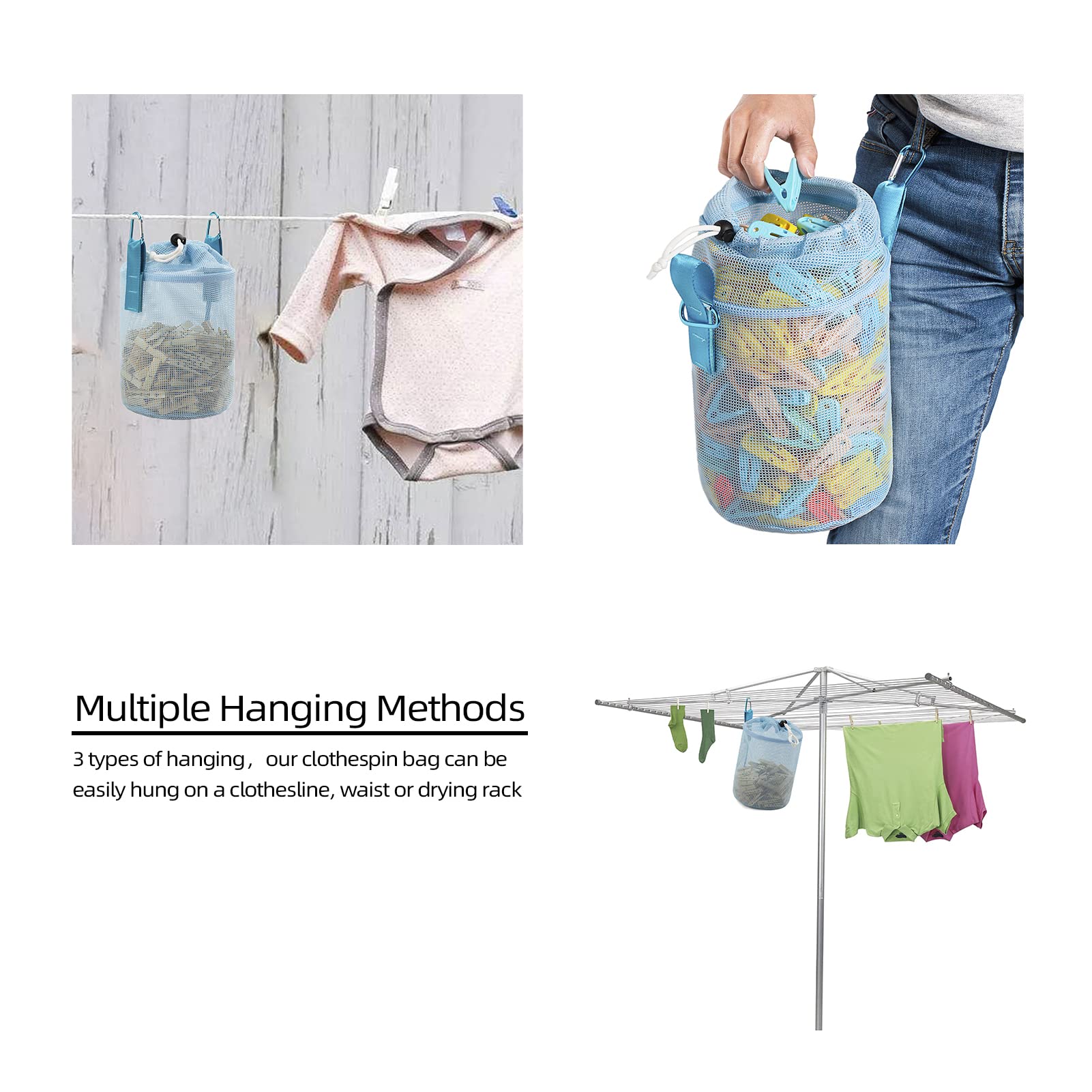 MinYee Netz-Wäscheklammer-Tasche für Wäscheleine im Freien, mehrere Aufhängemethoden, Kleidernadeltasche mit Kordelzug, Belüftung und Feuchtigkeitsbeständigkeit, große Kapazität,