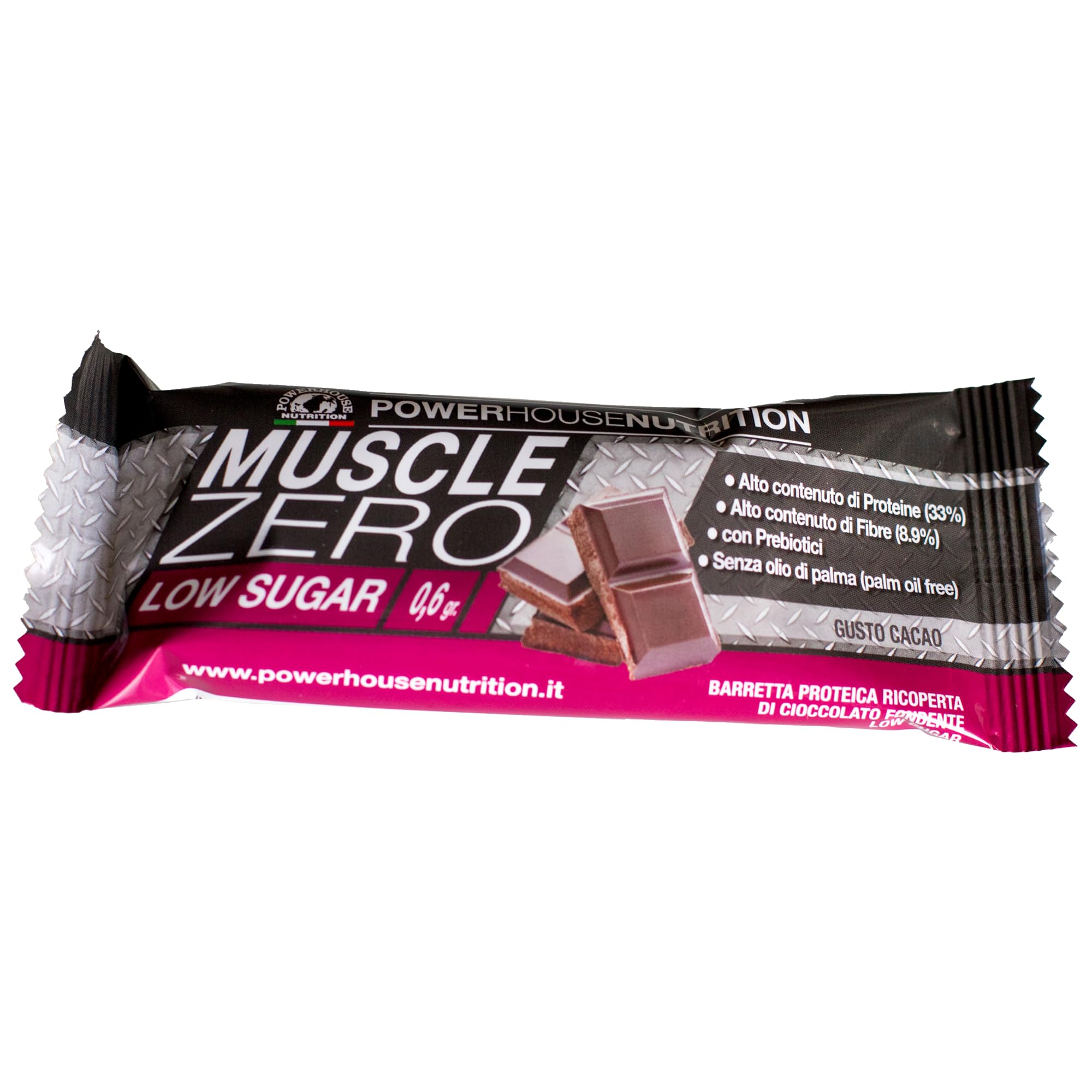 Barrette Proteiche Basso Contenuto di Zuccheri (0,6g), Powerhouse Nutrition, Barrette Proteiche Muscle Zero, Alto Contenuto di Proteine e Fibre, Gusto cacao (Box 20 Pezzi)