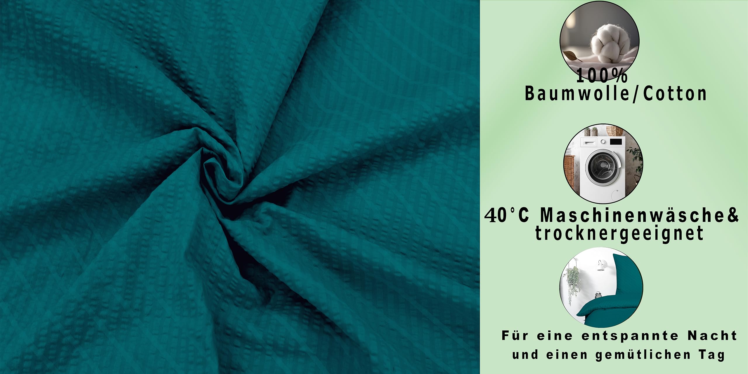Betz Bettwäsche Seersucker 100% Baumwolle 2 teilige Garnitur Set mit Reißverschluss - Bügelfrei - Größe 135/200 cm + 80/80 cm Farbe Petrol