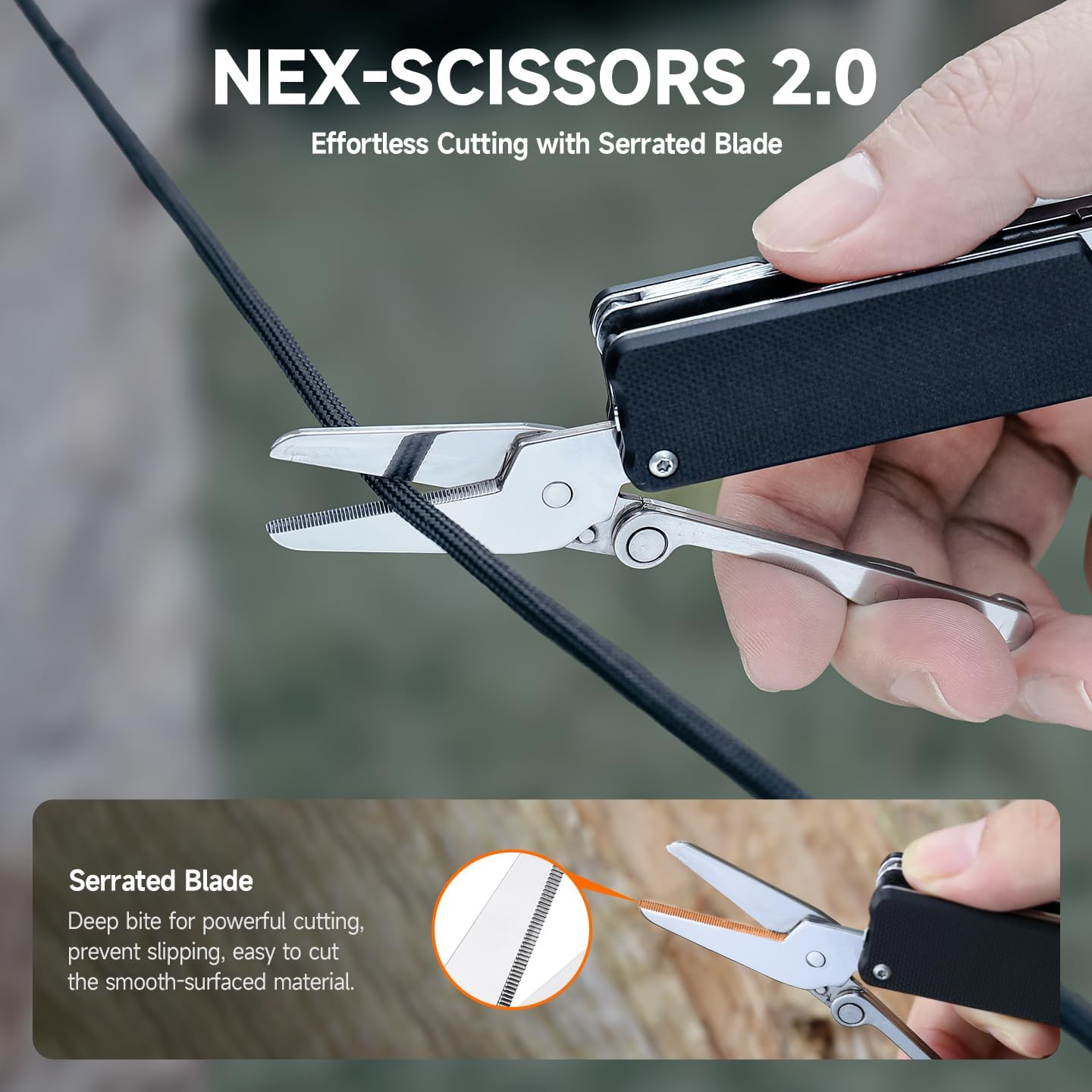 A close-up of the NexTool Knight K30's serrated scissors cutting a rope, highlighting the serrated edge.