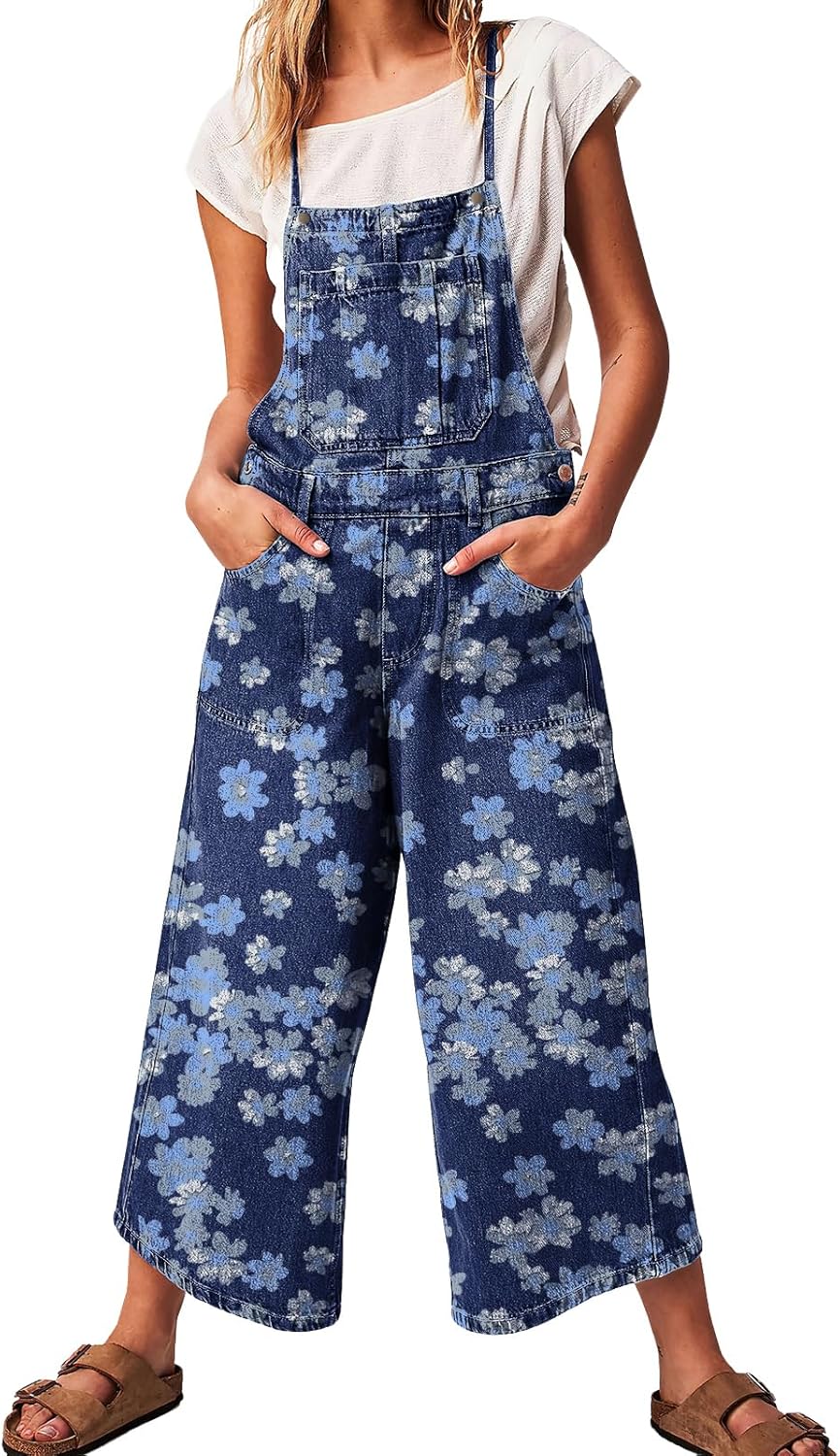 ebossy Women's Floral Denim Overalls Adjustable Spaghetti Strap Wide Leg Baggy Crop Jean Bib Jumpsuit Rompers