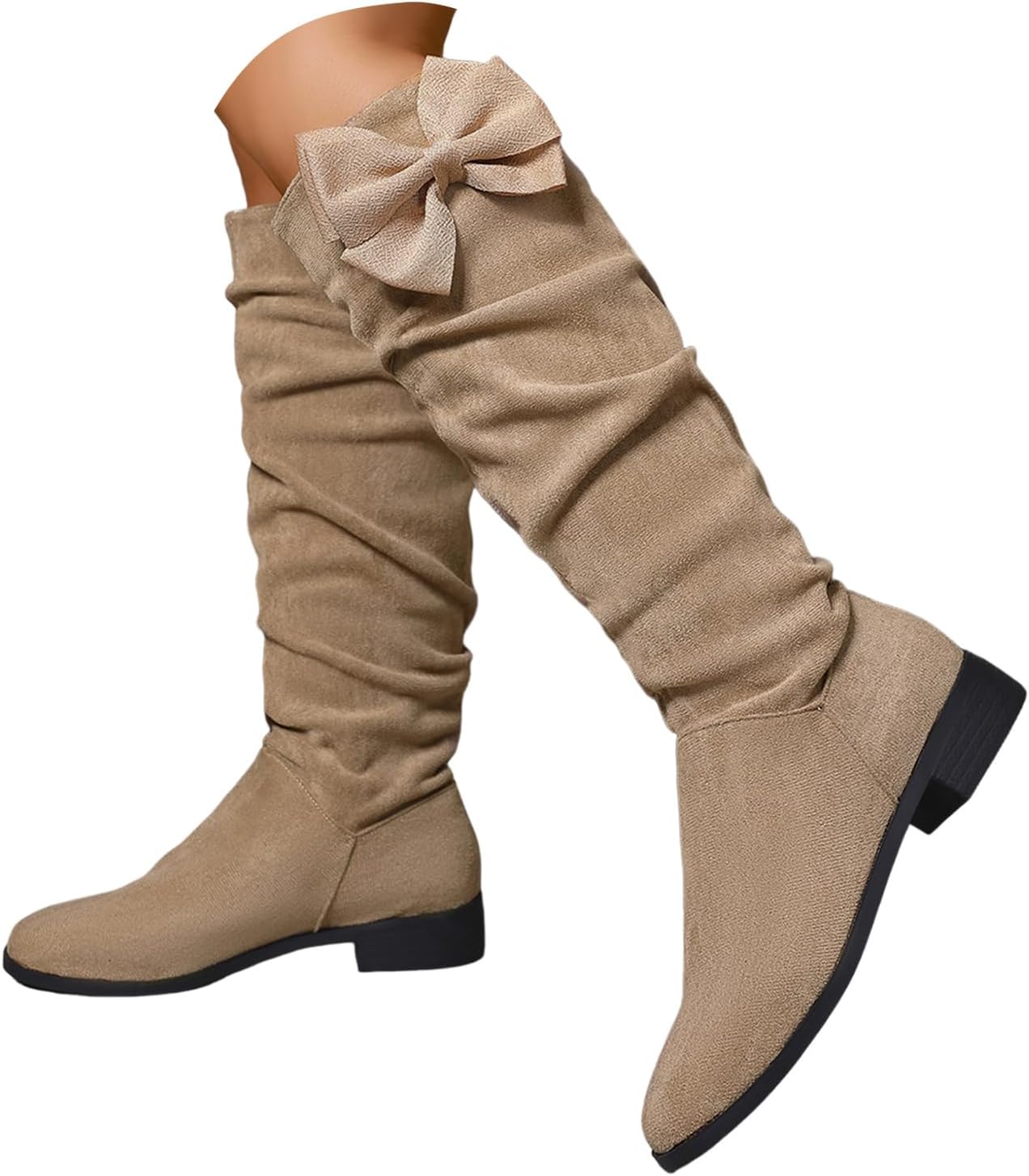 Women Casual Knee High Boots Wide Calf Slouchy Ruched Suede Cutout Side Zipper Chunky Block Low Heels Almond Toe Long Booties Fashion Fall Winter Breathable Non Slip Dressy Shoes
