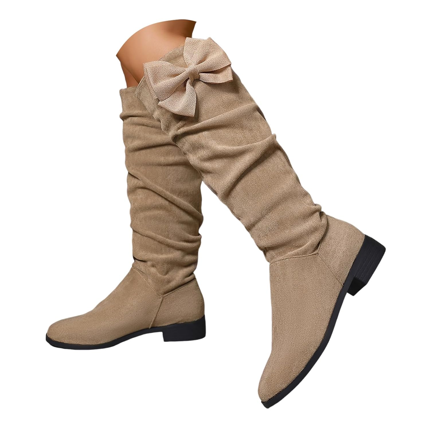 ZSpzx Women Casual Knee High Boots Wide Calf Slouchy Ruched Suede Bow Chunky Block Low Heels Round Toe