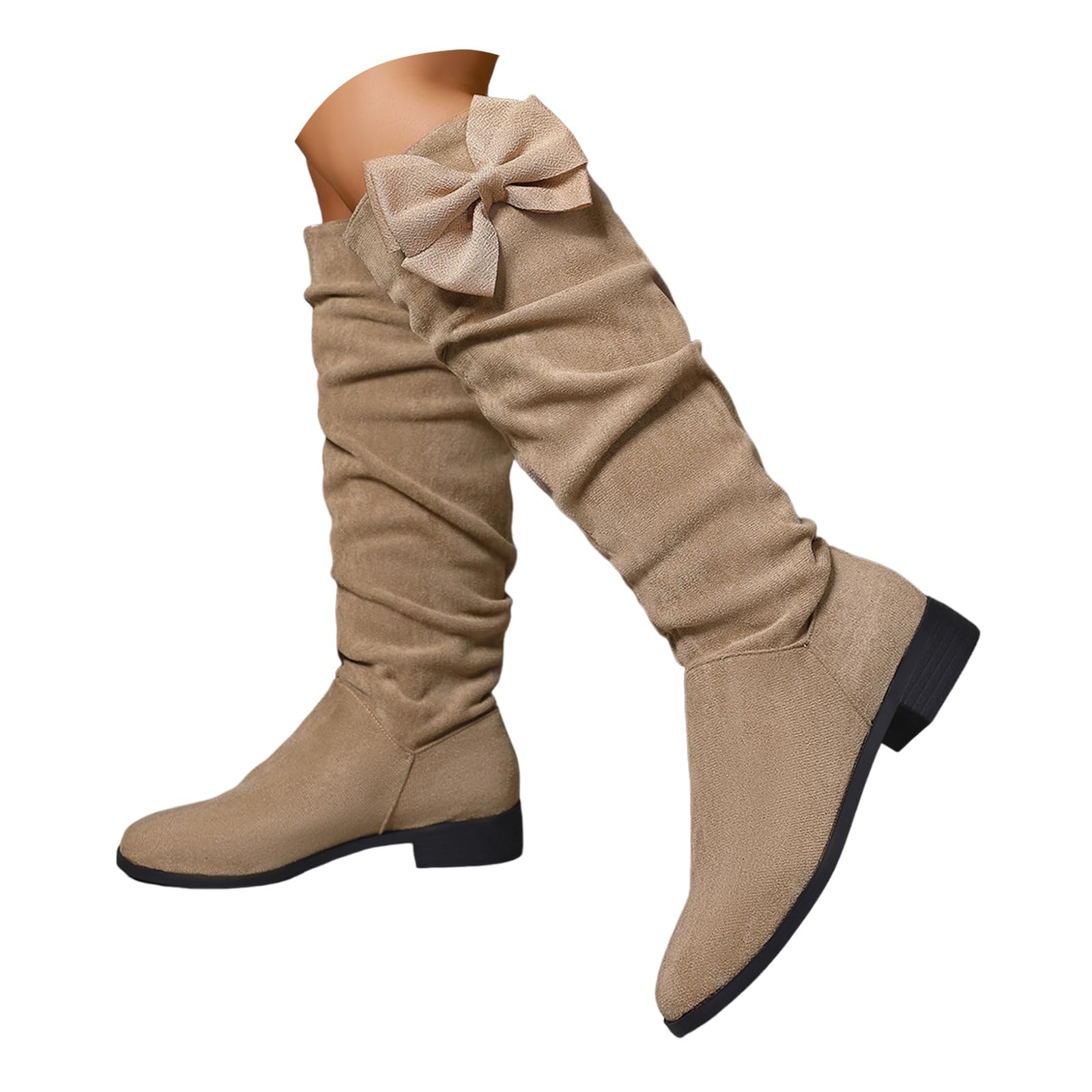 ZSpzx Women Casual Knee High Boots Wide Calf Slouchy Ruched Suede Bow Chunky Block Low Heels Round Toe