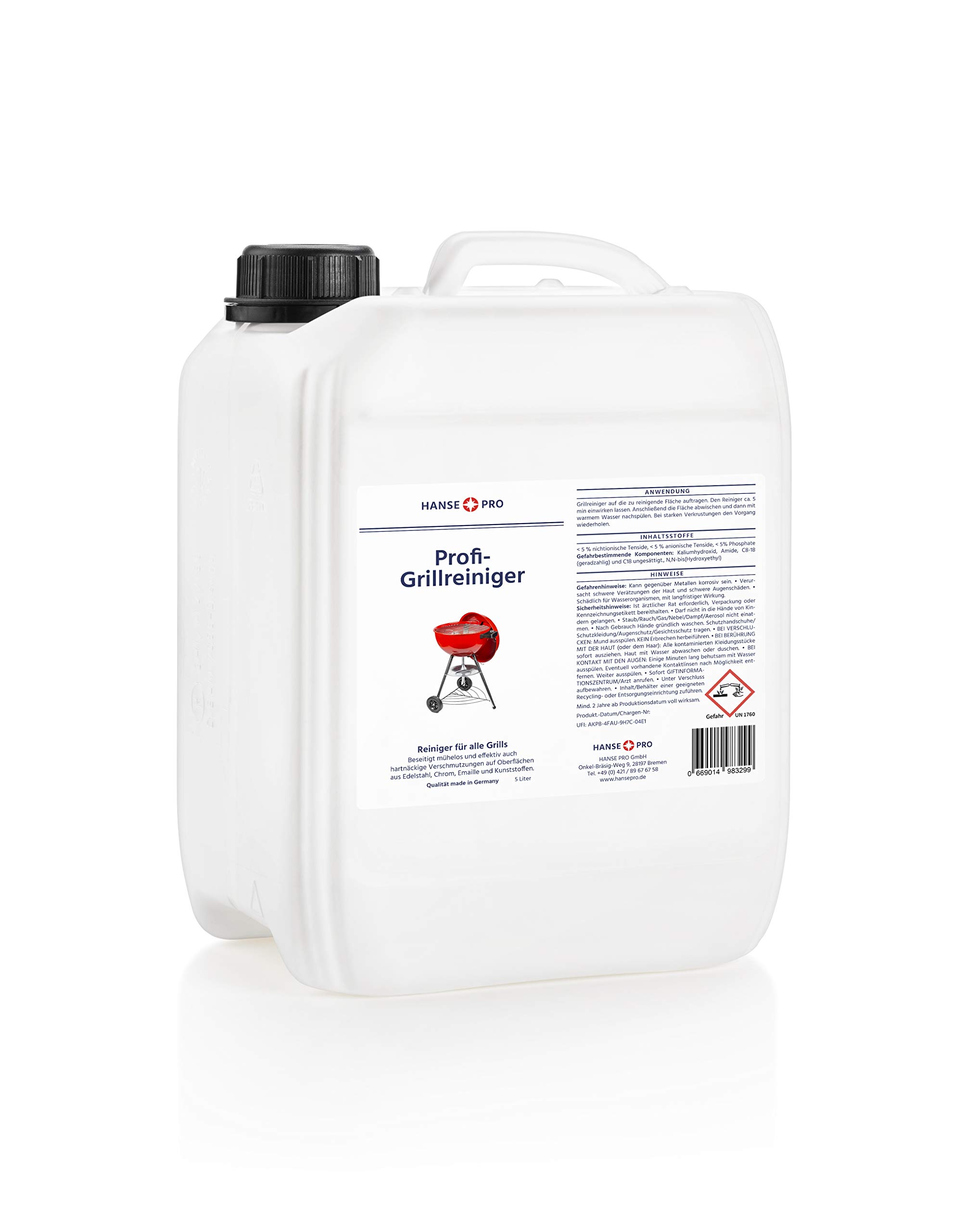 HANSE PRO Profi-Grillreiniger, im 5 Liter-Kanister I löst hartnäckige Verkrustungen und Rückstände I für Grillrost, Herdplatten, Öfen, Dunstabzugshauben I optimal für Edelstahl I Grillrost-Reiniger