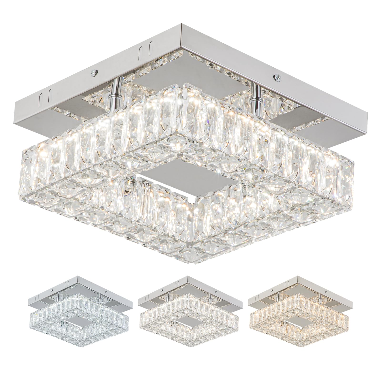 YPQXYHDA 9.8" Nordic Square Crystal Ceiling Light LED Flush Mount Chandelier Light, Energy Saving Modern Crystal Mini LED Chandelier for Living Room,Bedroom,Kitchen Multicolour