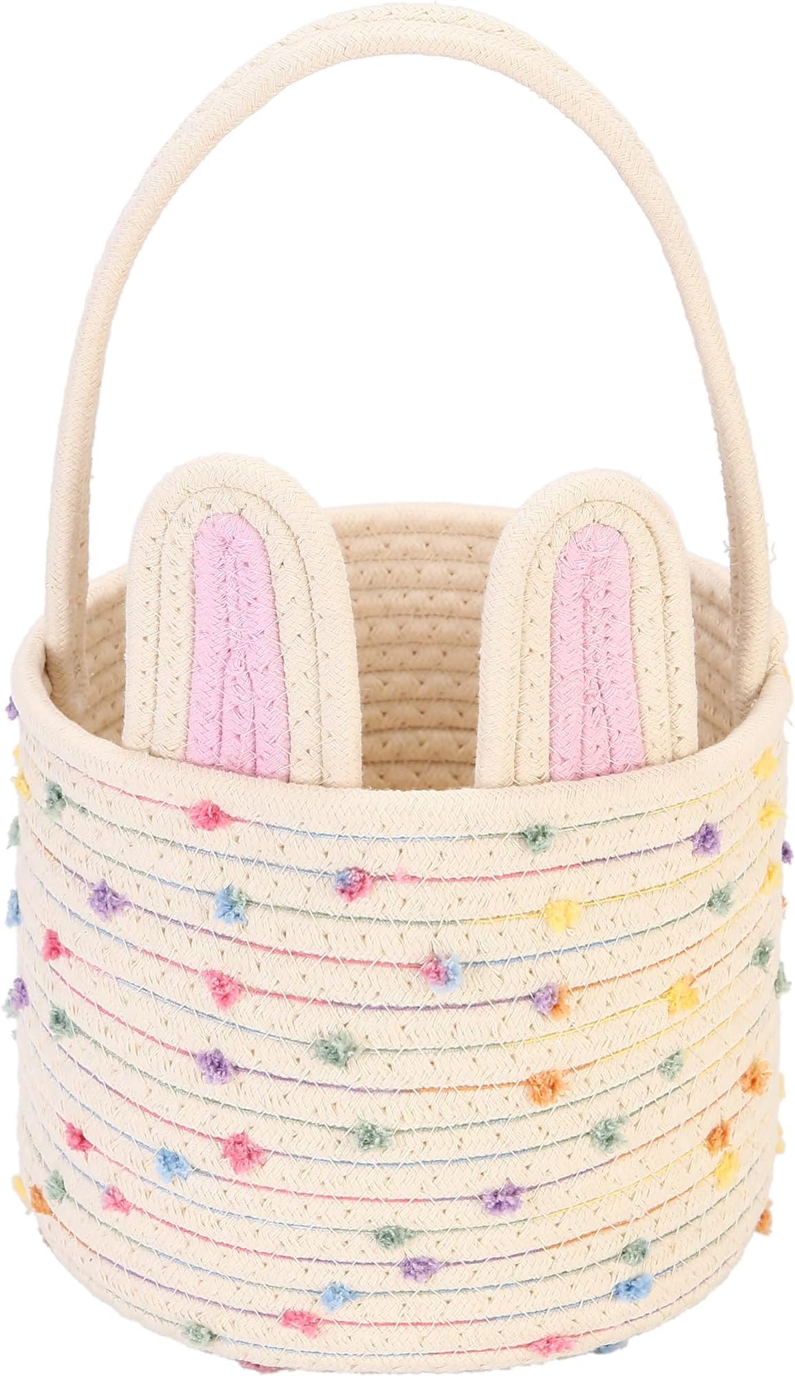 Sea Team Easter Bunny Basket for Eggs Hunt, Easter Eggs Bucket, Small Woven Cotton Rope Tote Bag with Rabbit Ears & Fluffy Tail for Kids, Easter Days Decoration, Party, Holidays, Rainbow