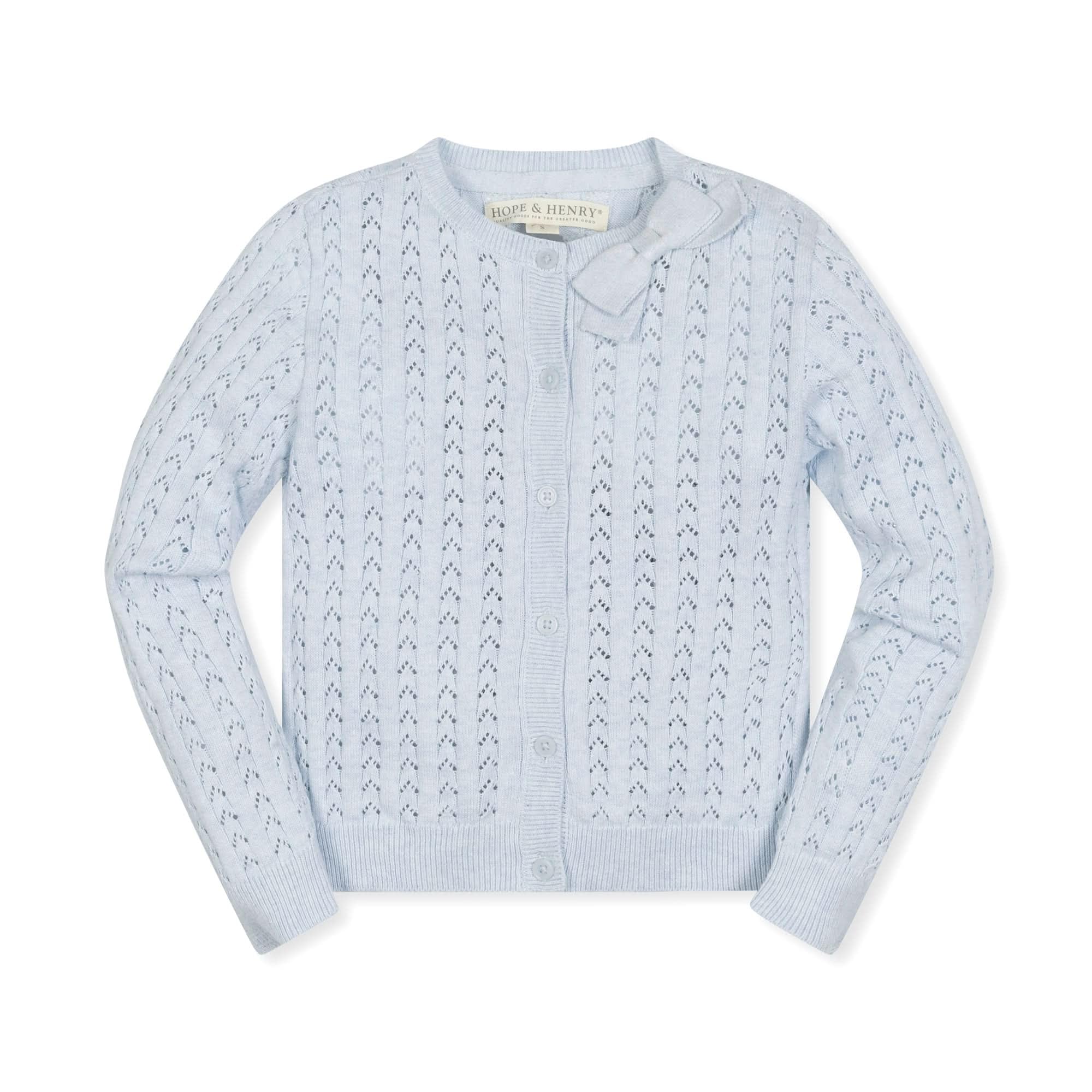 Hope & Henry Baby Girls' Organic Pointelle Bow Cardigan, 18-24 Months, Light Blue Heather Pointelle