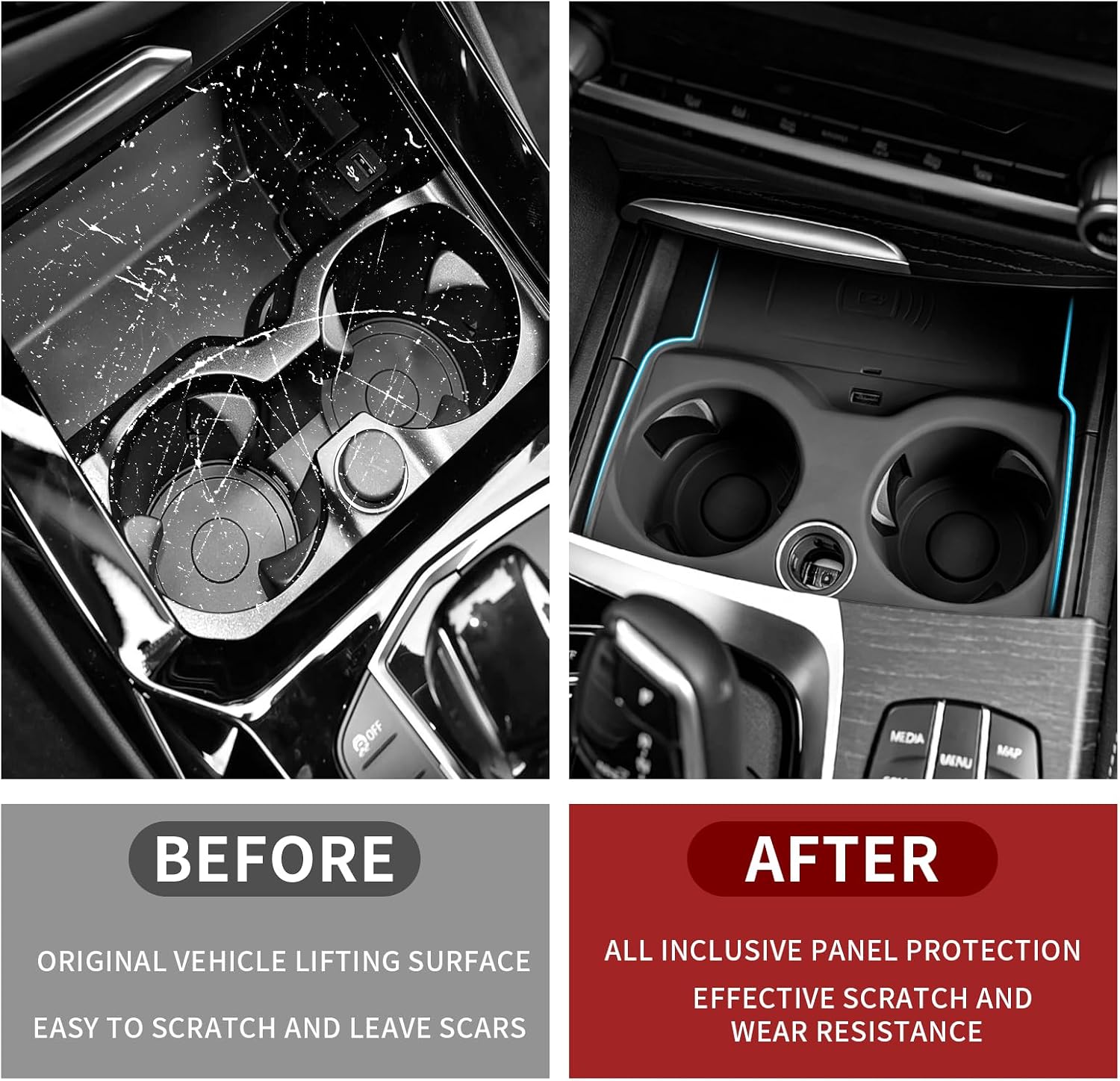 Temmis Center Console Silicone Cup Holder with Wireless Charging mat for BMW 3 & 4 2020-2025, Center Console Electrostatic adsorption Cover for BMW 3/4-Black image 5