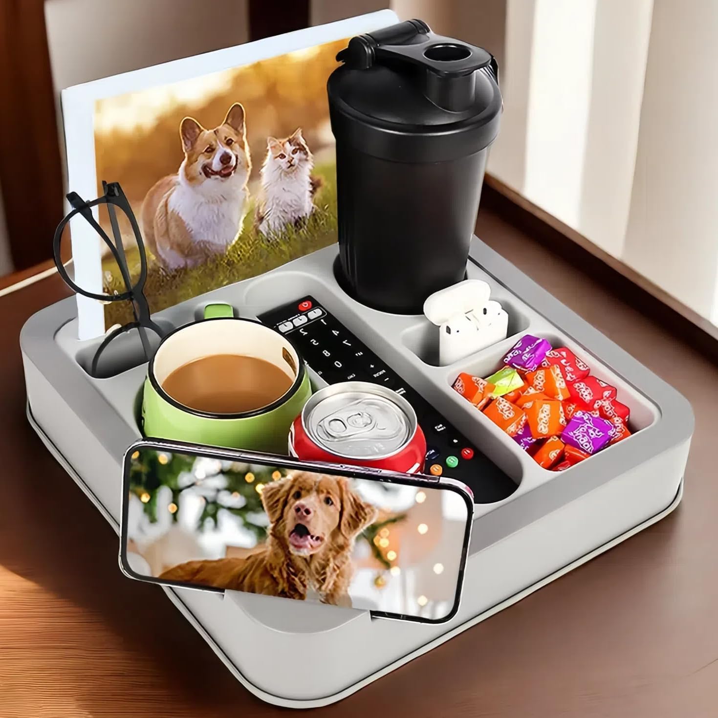 Couch Cup Holder Tray +Black Glass Cups with Lid and Straw