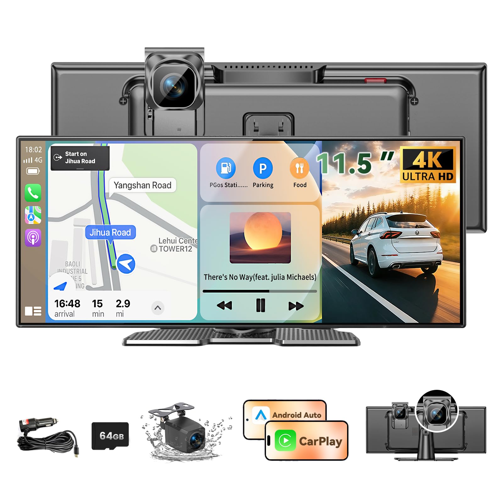 Largest 11.5 inch Wireless CarPlay Screen for Car, A-pple CarPlay & Android Auto HD Touchscreen with 4K Dash Cam/1080P Backup Camera/Navigation/Bluetooth/Voice Control/FM/Mirror Link,for All Vehicles