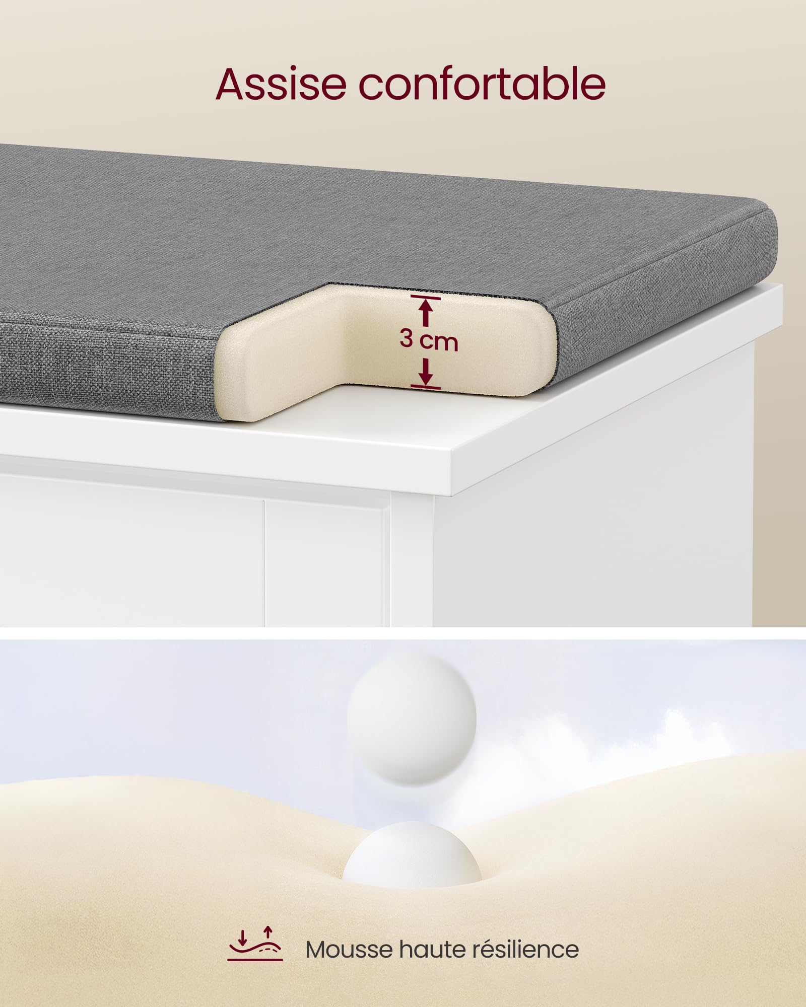 VASAGLE Banc à Chaussures Rembourré, Meuble d’Entrée sur 3 Niveaux pour 6 Paires de Chaussures, Tiroir Rabattable, 30 x 60 x 53,5 cm, pour Entrée, Chambre, Blanc Nuage et Gris Tourterelle LSB121WB01