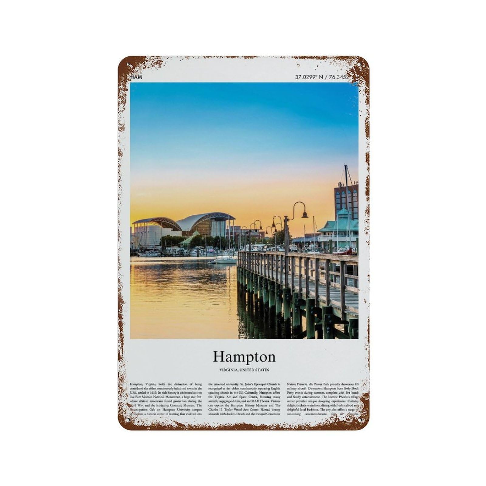 xiaoxiaoshen Hampton Virginia, United States, USA City Scenery Wall Decor Art Metal Tin Poster Modern Home Decor Art Home Bar Shop Decorations Vintage Sign 30x20cm