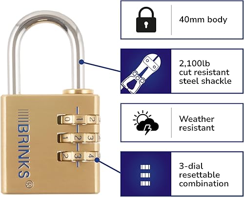 Miniatura 6 de BRINKS - Candado de latón macizo con 3 esferas de 1.575 in - Cromado con grillete de acero endurecido