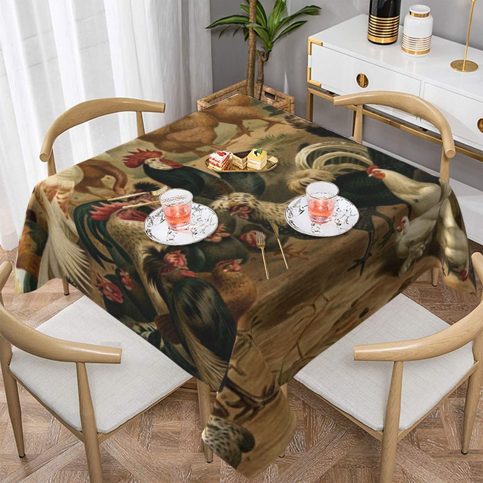 DCEHGEW Chicken And Rooster Print Prints Square Tablecloth 137x137 CM, Waterproof Fabric Table Cloth for Dining Table, Farmhouse Table Cover for Kitchen Dining Tabletop Decoration