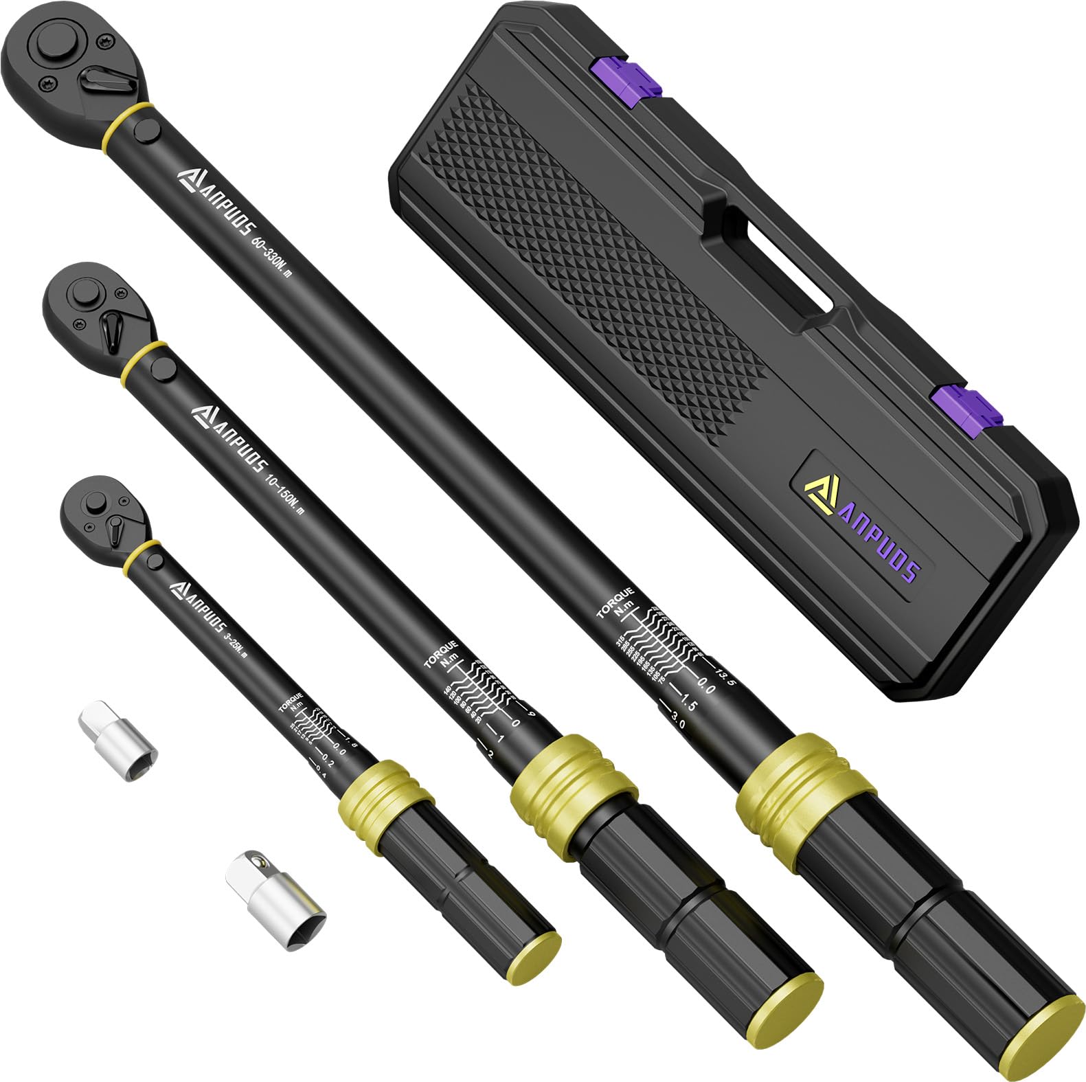 ANPUDS Torque Wrench 1/4" & 3/8" & 1/2", 3-25Nm, 10-150Nm, 60-330Nm, 5 Pieces Torque Wrench Set with High Accuracy ±3%, 72T Reversible Head for Bicycle, Motorcycle, Car, Truck
