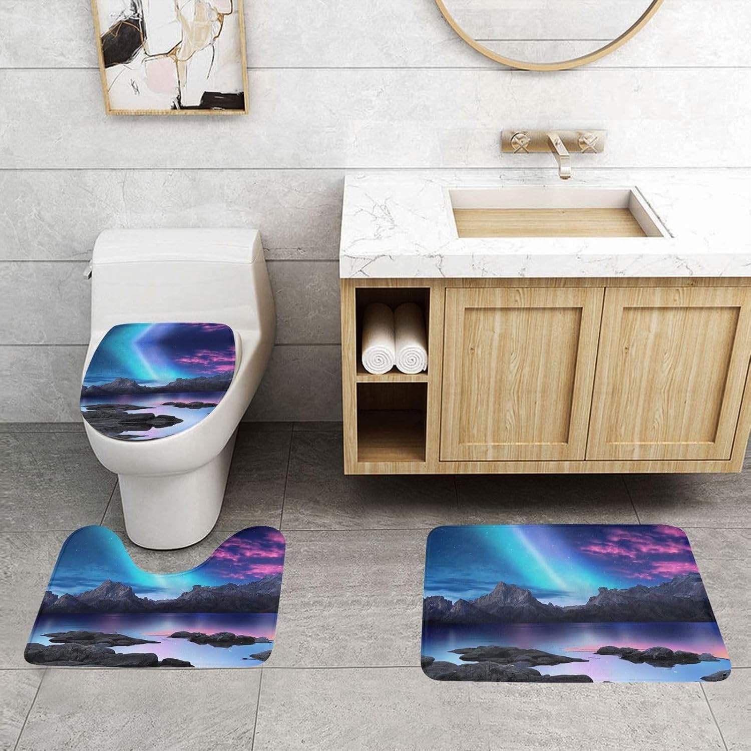 3D Graphics Universe Space Print 3pc Bathroom Rug Set, Soft Flannel, Non-Slip, Absorbent Bath Mat, Contour & Lid Cover, Hand Wash