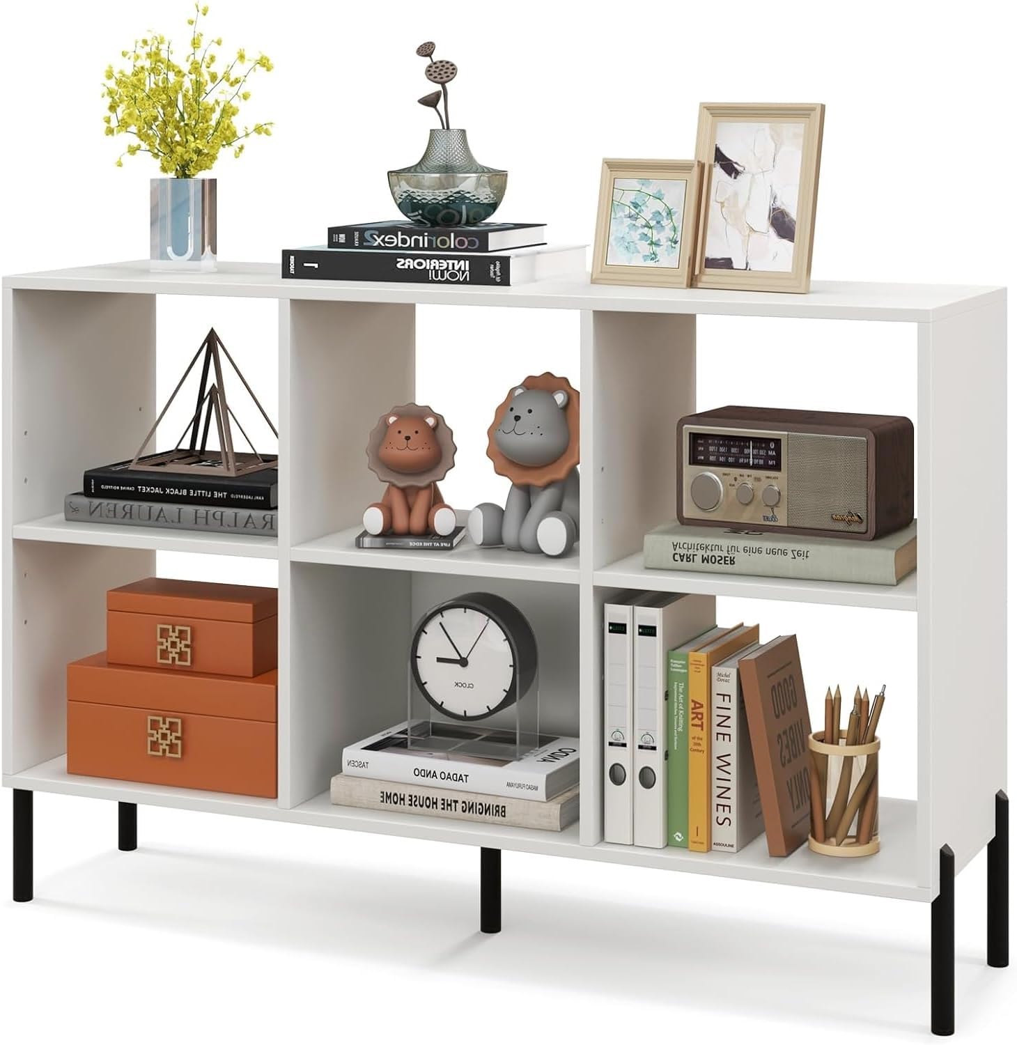 LDAILY 3-Tier Bookcase, 6 Cube Wooden Open Bookshelf with Metal Legs, 5-Position Adjustable Shelves, Modern Freestanding Storage Organizer Display Cabinet for Bedroom, Living Room (White)