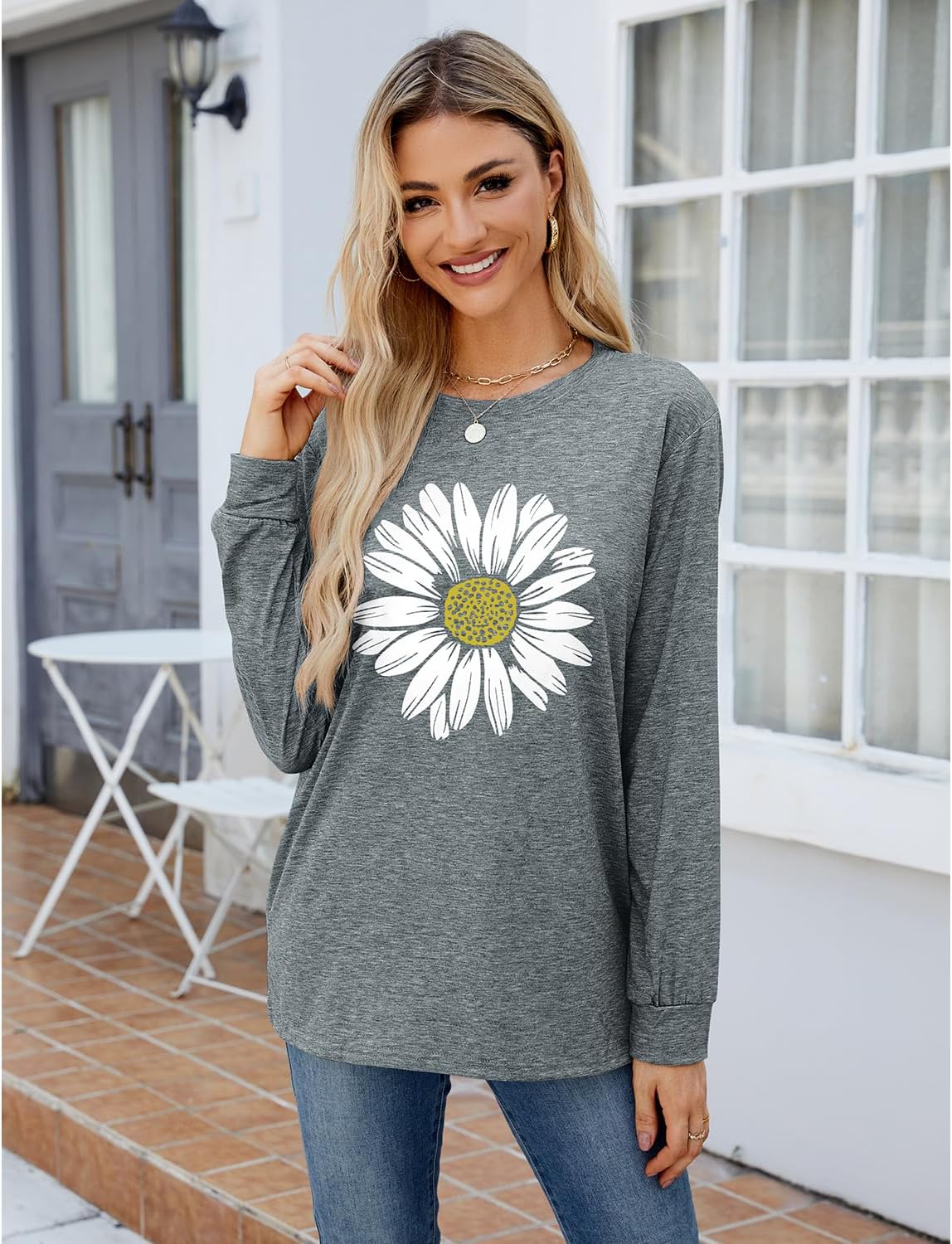 Women's Sunflower Graphic Long Sleeve Fashion Floral Printed Casual Cotton Tee Tops Cute Funny Tees Shirt - Image 3