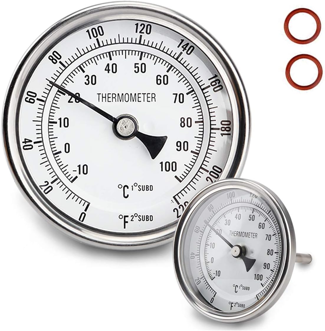 Stainless Steel Kettle Thermometer for Home Brewing, 1/2 NPT with Lock Nut & O-Ring (3" Face)
