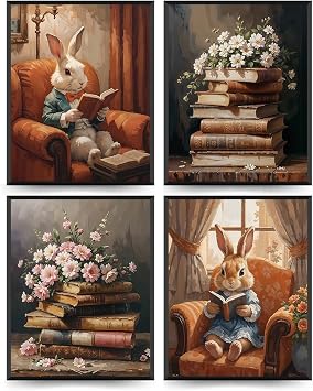 ETVISO Vintage Bunny Book Art Wall Decor 8x10,Book Club Decorations, Library Decor, Retro Floral Bookish Gifts Wall Art for Reading Room Classroom Nursery, Set of 4 Unframed