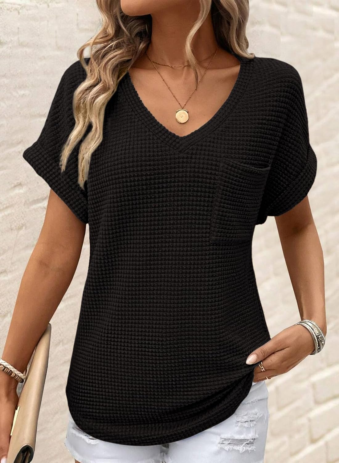 Dokotoo Womens Waffle Knit Tops 2026 Spring Summer V Neck Shirts Casual Trendy Women's Blouses Basic Tee - Image 2