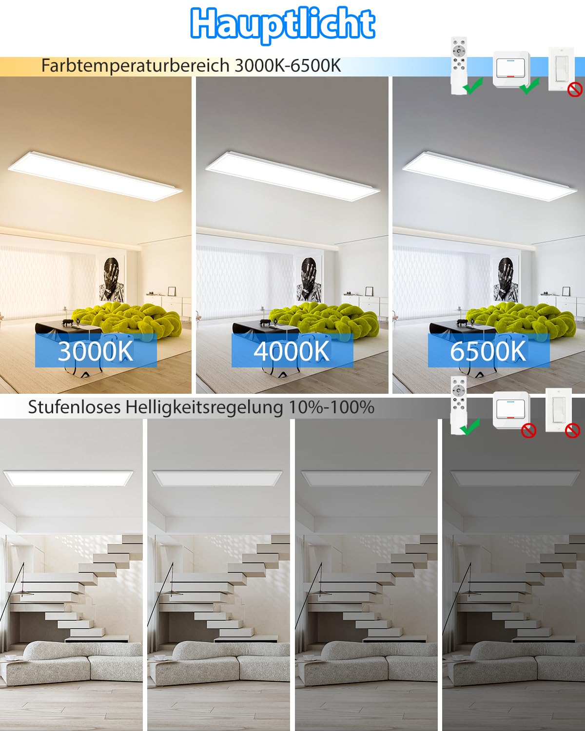 Peasur LED Deckenleuchte Flach mit Fernbedienung, 42W 4600LM Deckenlampe mit 7 RGB Farbwechsel Hintergrundbeleuchtung Panel Lang, 120x30cm 3000K-6500K Dimmbar für Küche Schlafzimmer Wohnzimmer