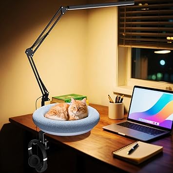 Cat Desk Bed with Desk Lamp - Cat Bed with 360 Rotation & Adjustable Height - Soft & Comfortable Hammock