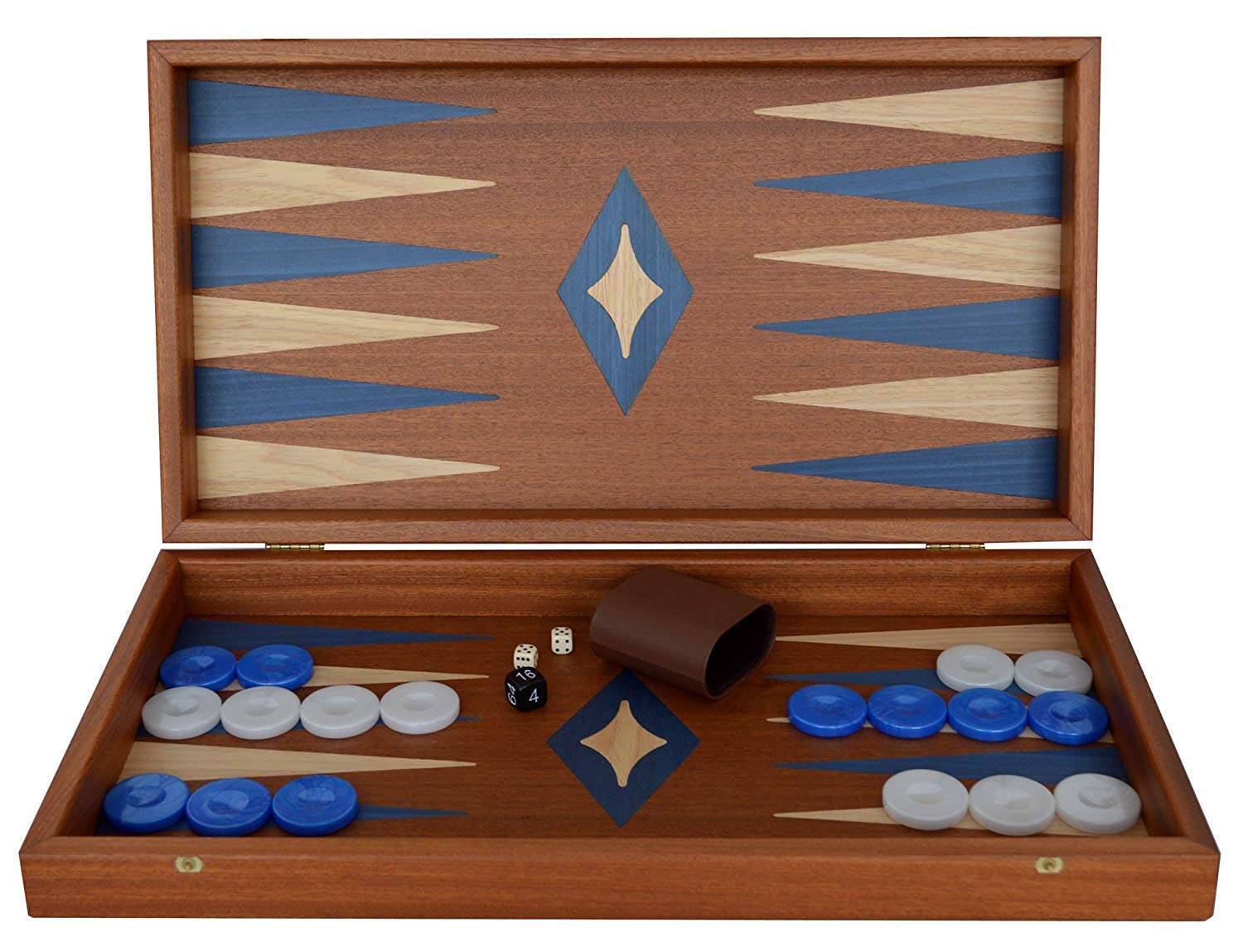 Traditional Mahogany wood Backgammon Set - Blue White checkers