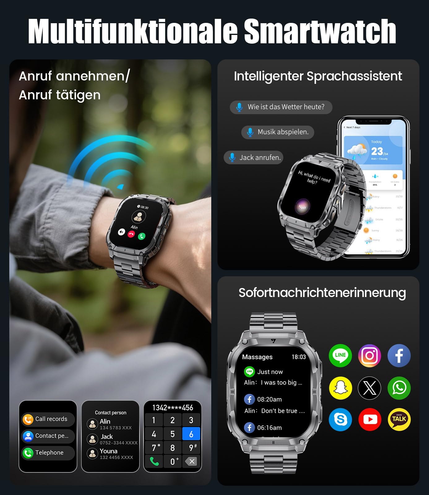 LIGE Militär Smartwatch Herren mit 1000mAh Akku/Telefonfunktion, 2.0" HD Touchscreen Fitnessuhr mit Herzfrequenz/Schlafmonitor/200+ Sportmodi, IP68 Wasserdicht Sportuhr für Android iOS, 3 Armbändern