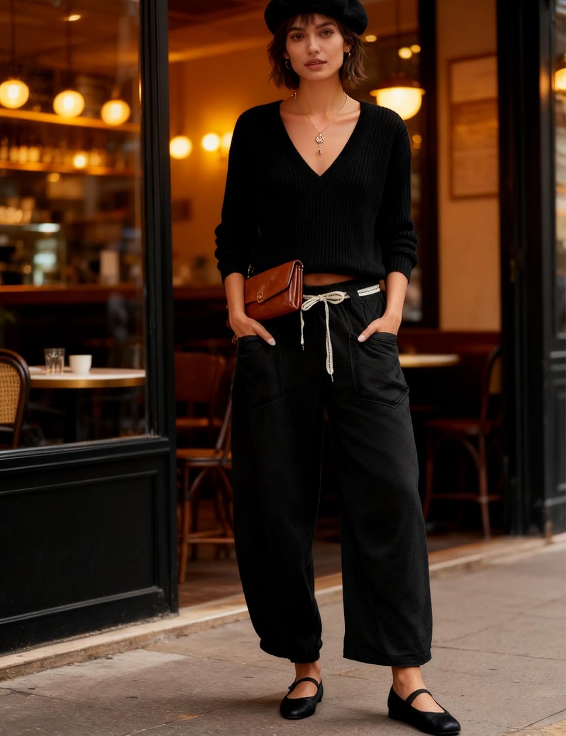 Womens Barrel Pants Wide Leg Drawstring Sweatpant Casual Baggy Palazzo Pants with Pockets - Image 4