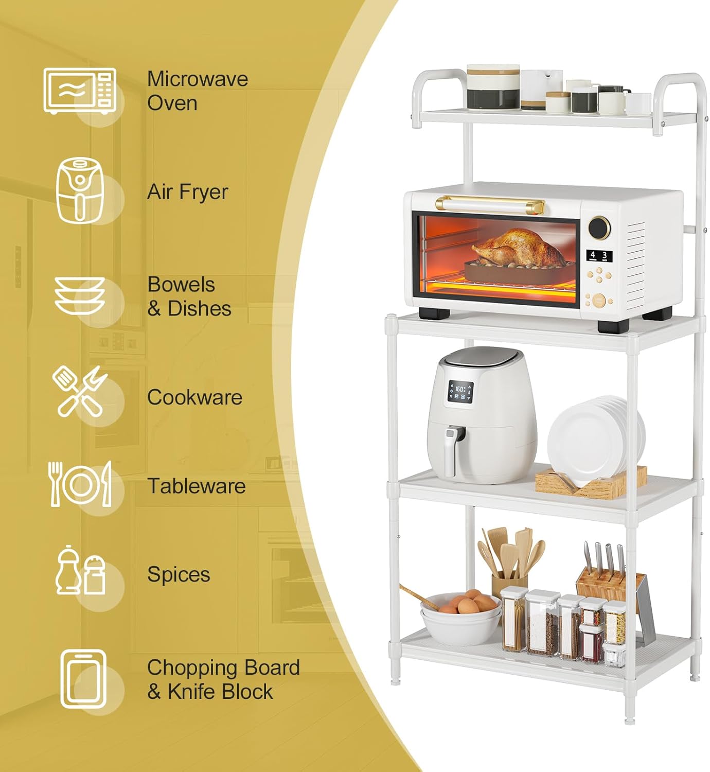 4-Tier Microwave Oven Stand, Kitchen Storage Rack with Mesh Wire Metal Shelves, Free Standing Shelving Utility Unit,Bakers Rack for Kitchen with Storage,Microwave Cart Storage Rack (White)