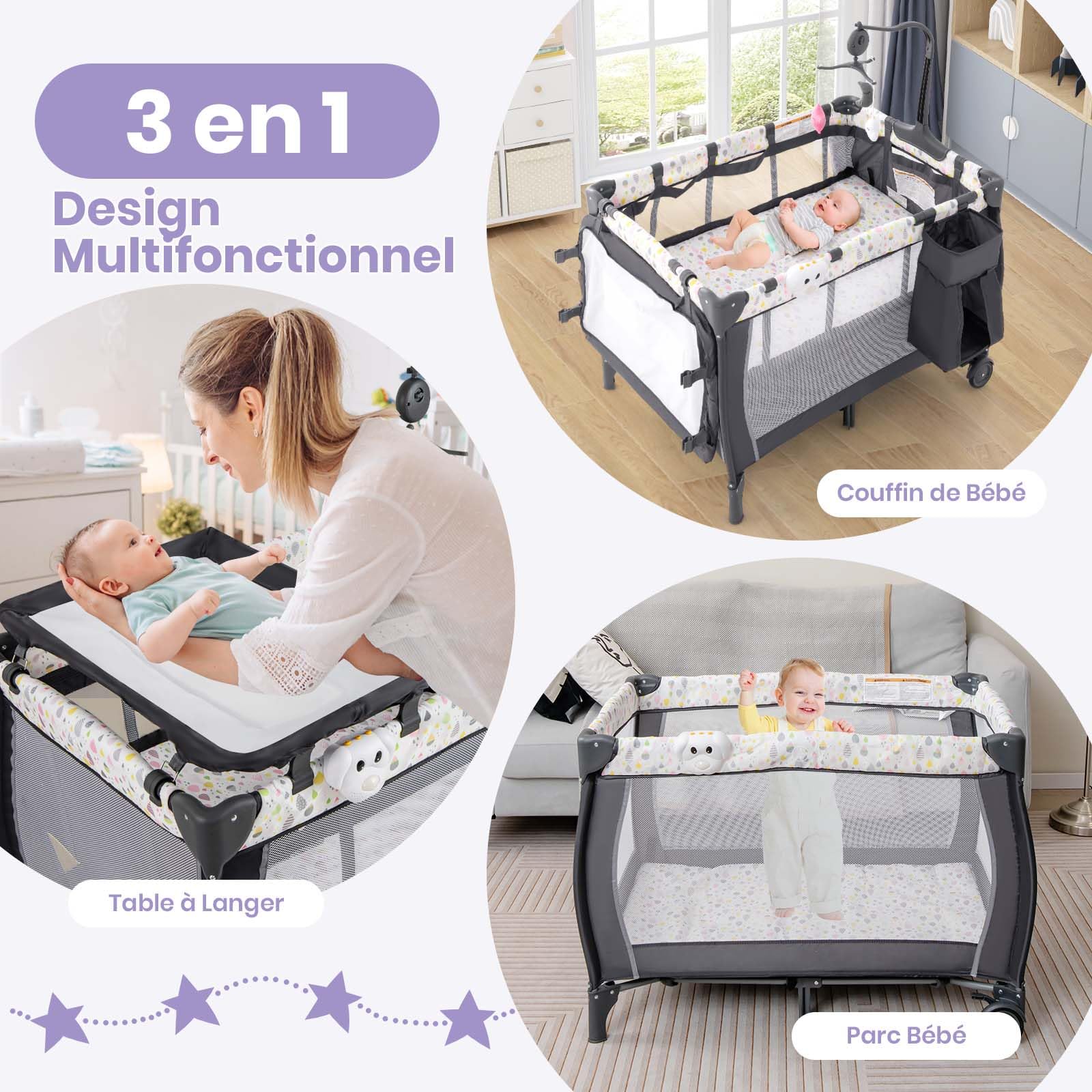DREAMADE 3 en 1 Lit Parapluie Bébé 125x65x76CM avec Matelas Lit de Voyage Tout-Petites 0-3 Ans avec Porte-Couche&Roue Verrouillable&Table à Langer&Boîte à Musique,Charge 15KG (Gris+Goutte d'eau)