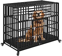 Vista 9 de Jaula indestructible resistente de 44 pulgadas para perros grandes, a prueba de escape, para interiores, alta ansiedad, con 4 ruedas con bloqueo