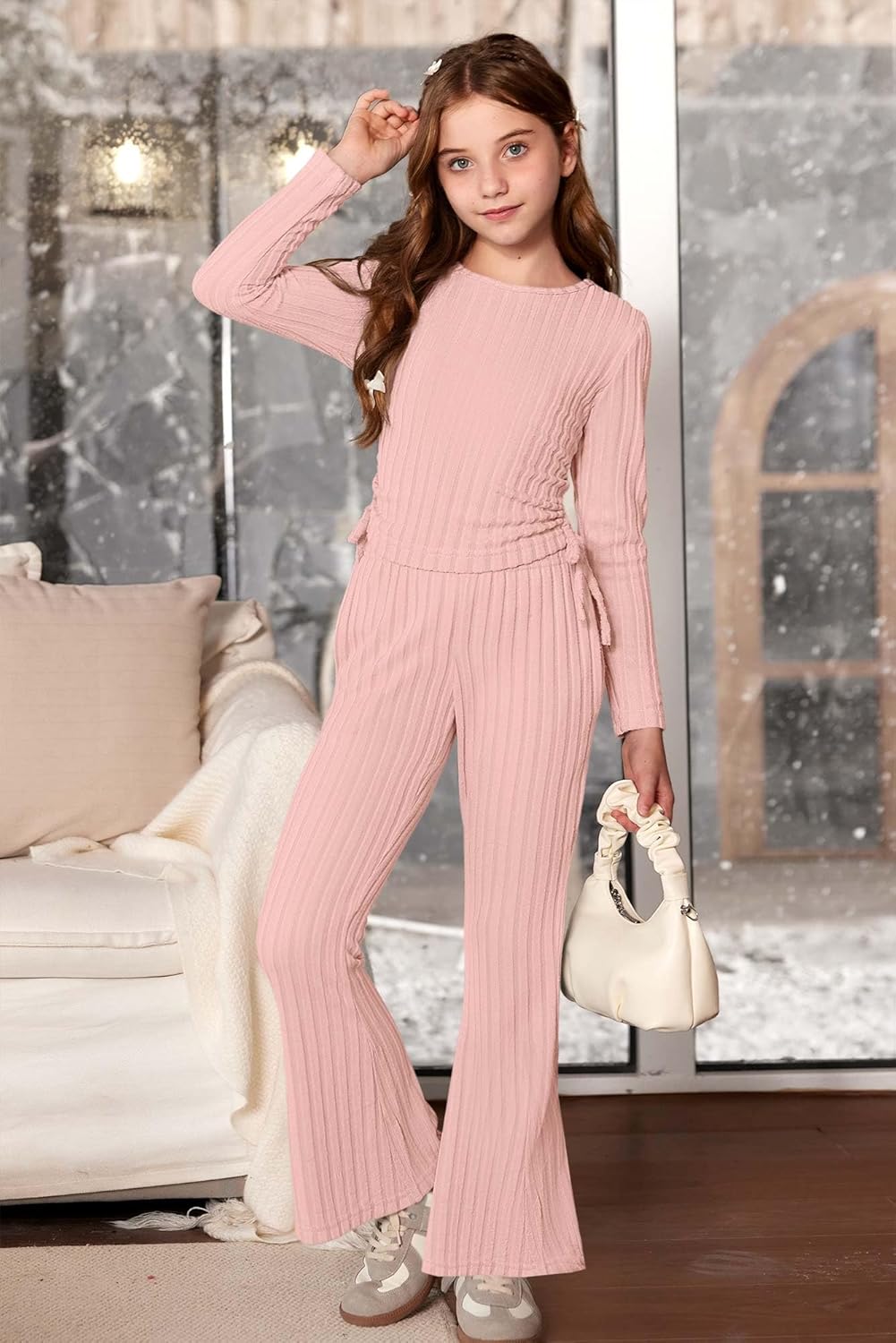 Girls Fall 2 Piece Outfits Ruched Long Sleeve Tops & Cozy Rib-Knit Flared Pants With Side Pockets 3-12 Years - Image 4
