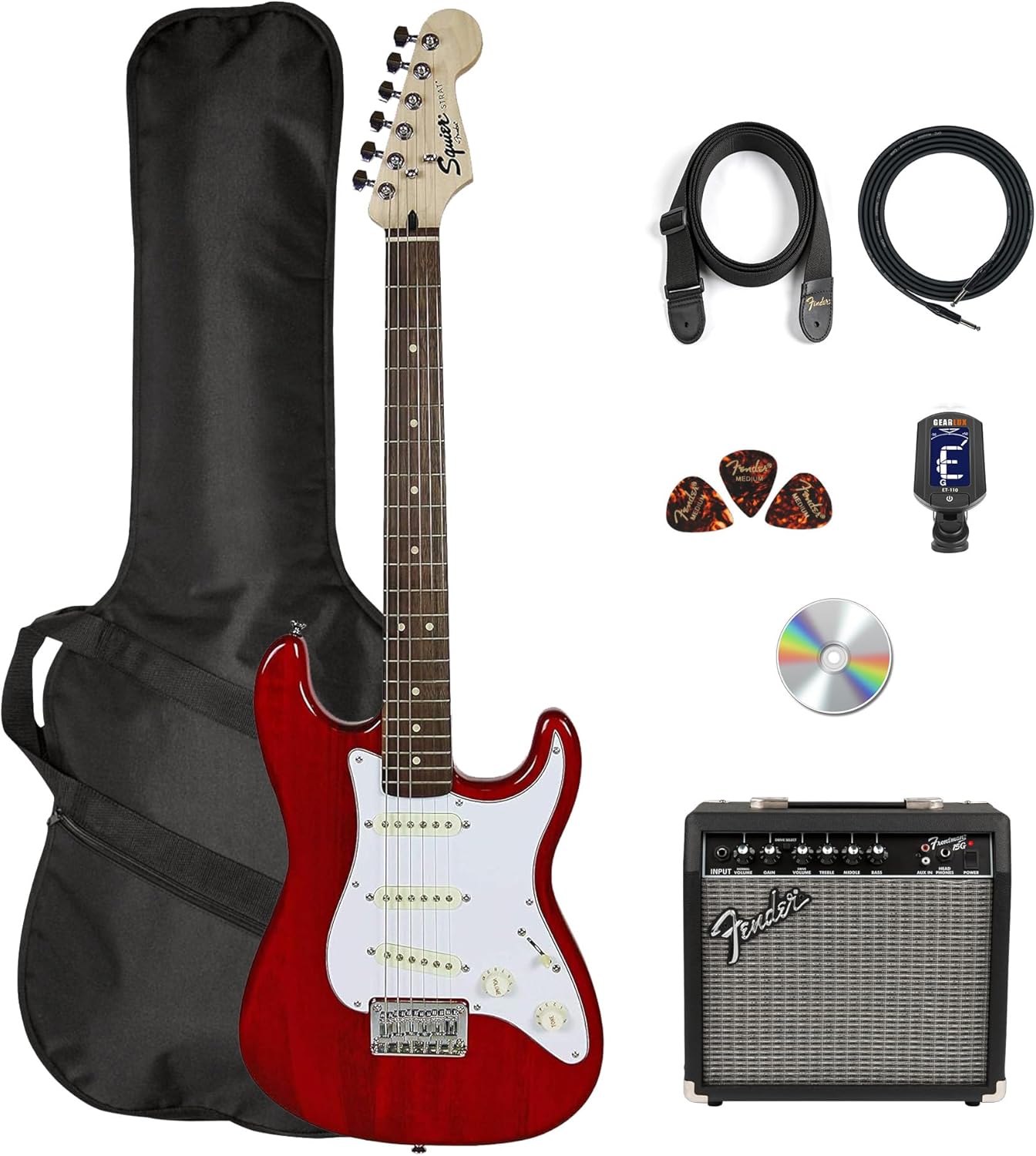 Fender Squier 24-Inch Short Scale Strat Pack - Transparent Red Bundle with Frontman 10G Amplifier, Tuner, Instrument Cable, Strap, Picks, Online Lessons, and Austin Bazaar Instructional DVD