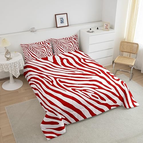 Miniatura 4 de Castle Fairy Juego de edredón de rayas de cebra, edredón con estampado de piel de animal rojo y blanco para adolescentes, mujeres y adultos, juego