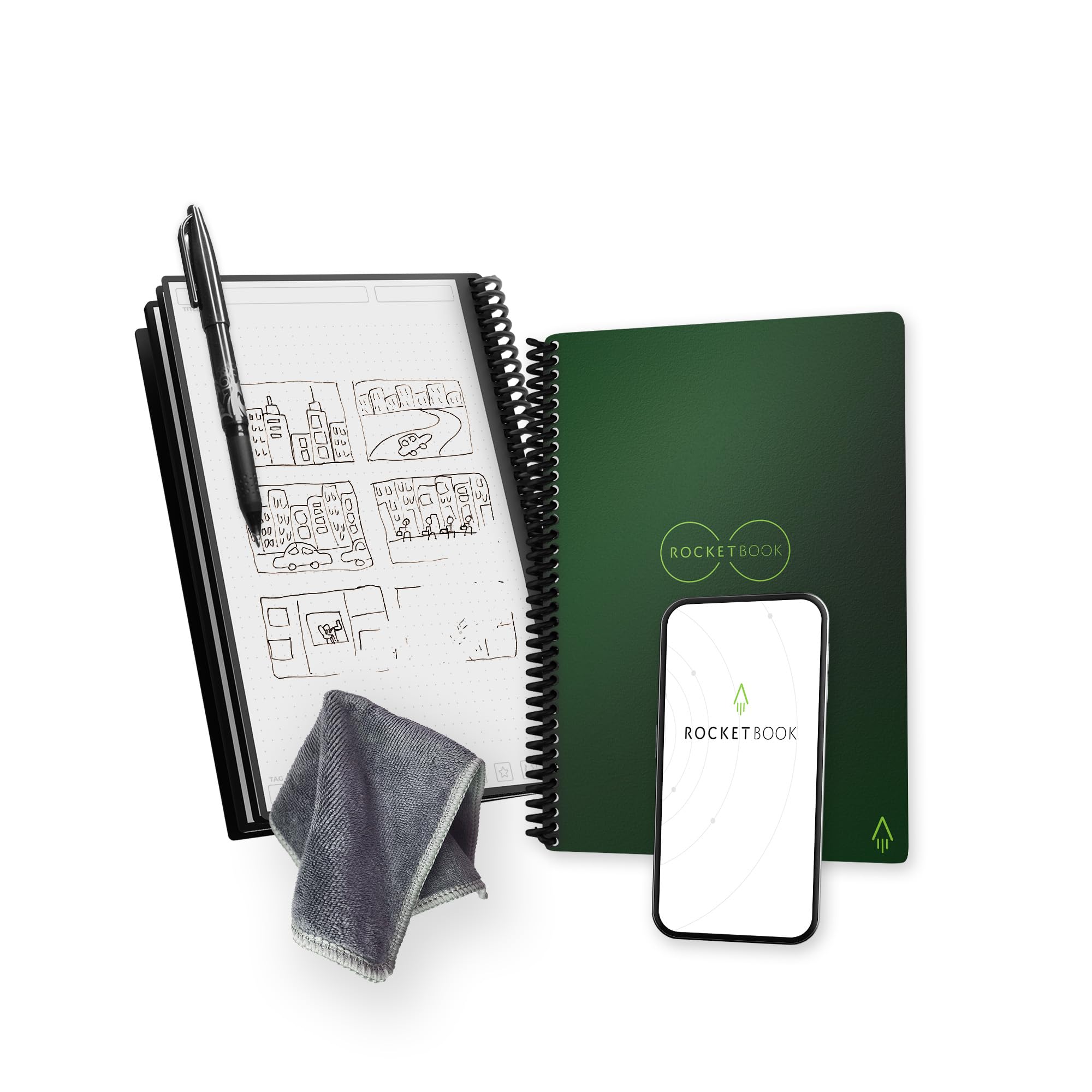 Rocketbook Smart Reusable Notebook - Dot-Grid Eco-Friendly with 1 Pilot Frixion Pen & Microfiber Cloth Included Green Cover, Executive Size (15.2 cm x 22.4 cm)