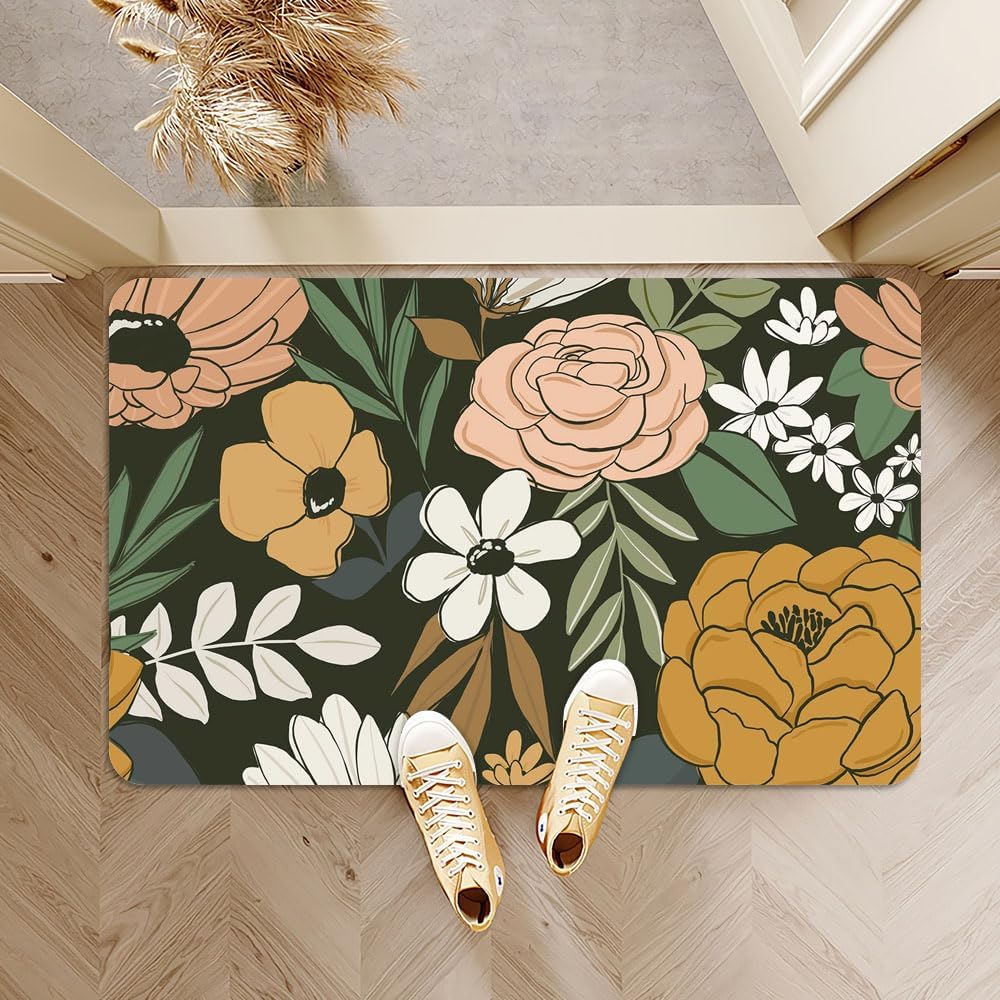 Bath Mat Rug,Vintage Large Floral Non Slip Quick Dry Super Absorbent Thin Bathroom Rugs Fit Under Door-Easy to Clean Bathroom Floor Mats-Shower Rug for Shower Sink Bathtub(16" x 24"in)