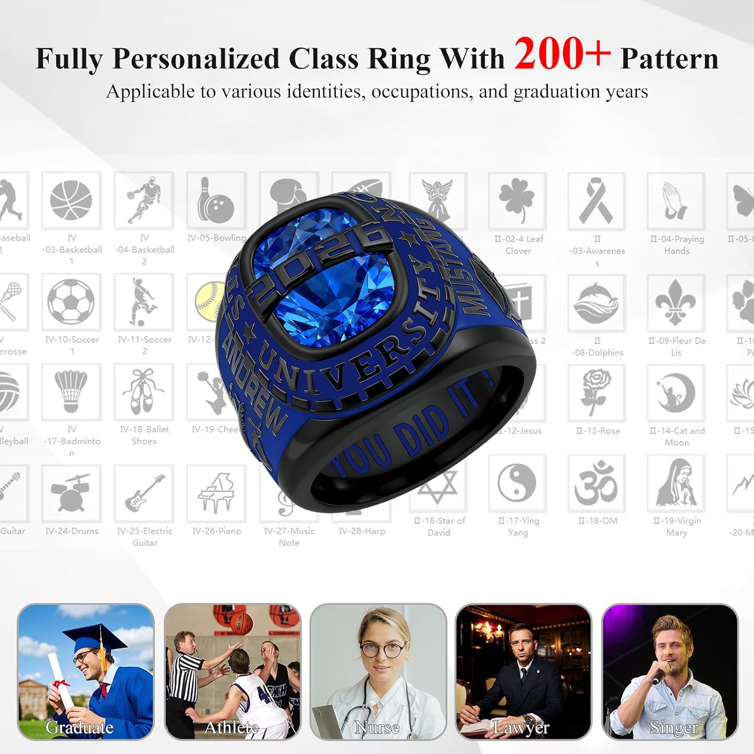Custom Class Ring for Men 925 Sterling Silver /10k/14k/18k High School College Ring Personalized Graduation Rings Graduation Jewelry Gift for Graduates Size 4-16 (with Gift Box)