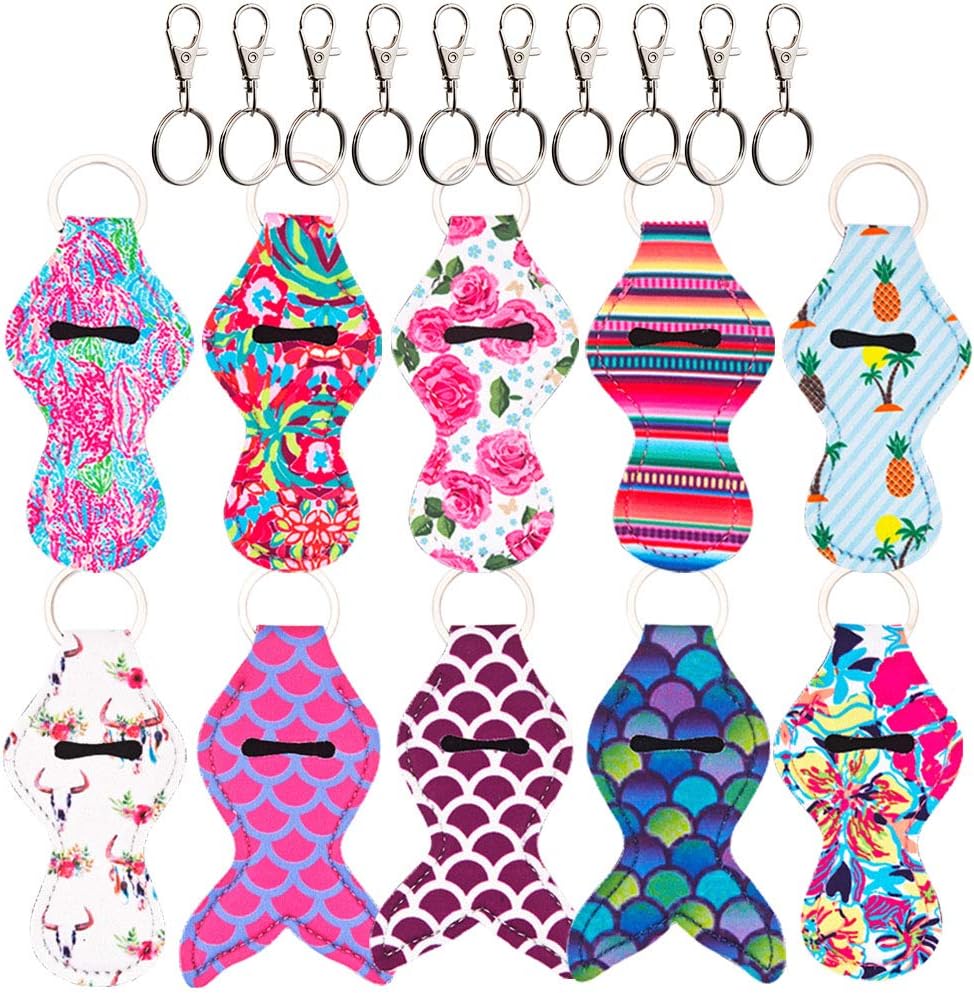 Lip Balm/Chapstick Holder Keychain with 10 Metal Clip Cords, Vibrant Color, Lightweight, Chapstick Tracker and Safeguard, 10 Pack