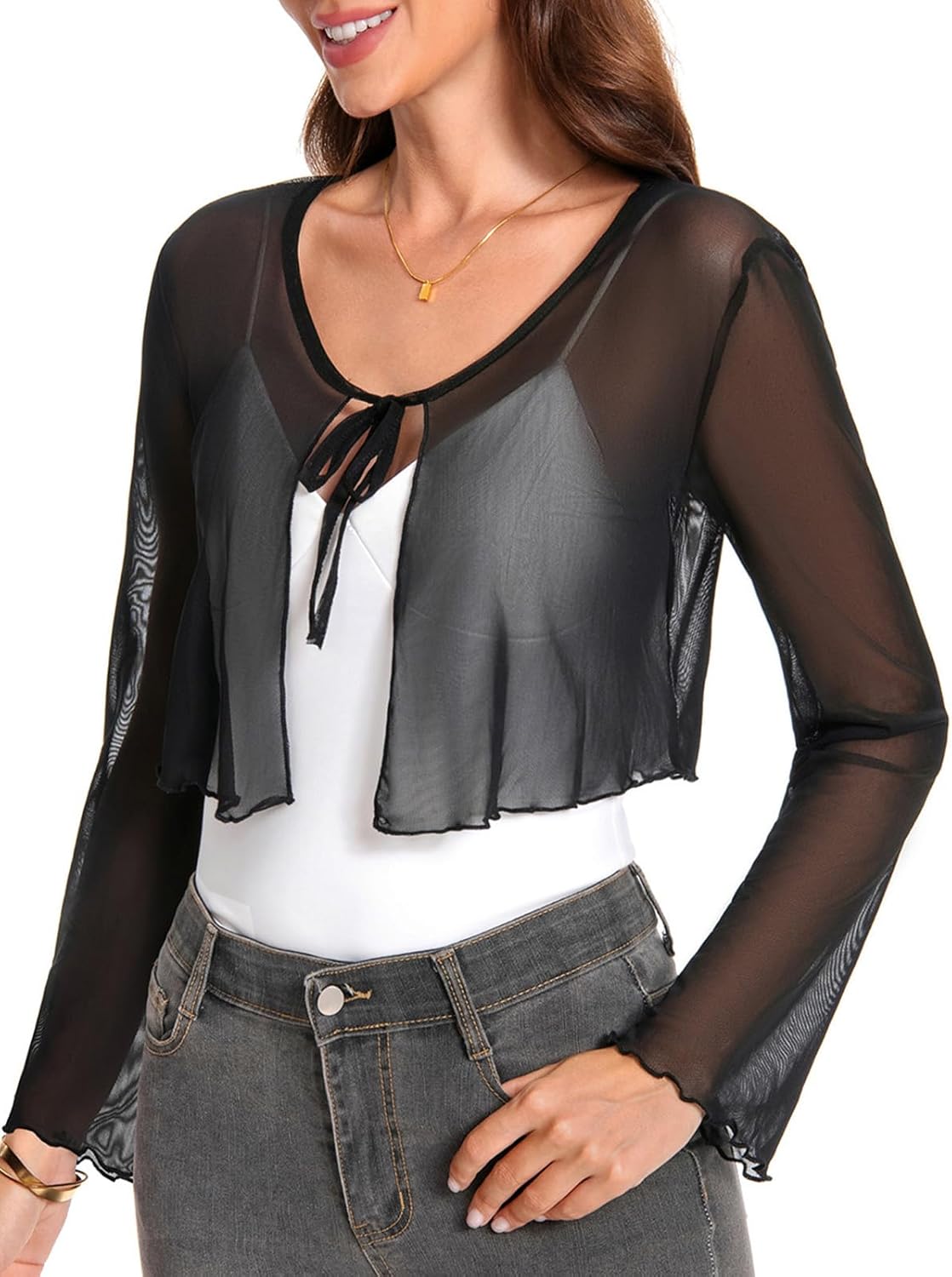 Women's Mesh Shrug Tie Front Cropped Bolero Cardigan Long Sleeve Top Sheer Shawl for Evening Dress - Image 2