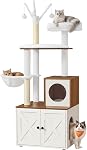 Feandrea WoodyWonders Cat Tree with Litter Box Furniture Hidden Enclosure, 2-in-1 Modern Tower, Cat Condo with Scratching Posts, Removable Pompom Sticks, Cloud White UPCT113W01