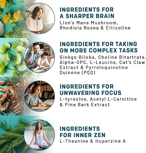 Miniatura 3 de Cápsulas de suplemento de melena de león 14 en 1, suplemento cerebral nootrópico con ginkgo biloba para apoyo cerebral, memoria y concentración -