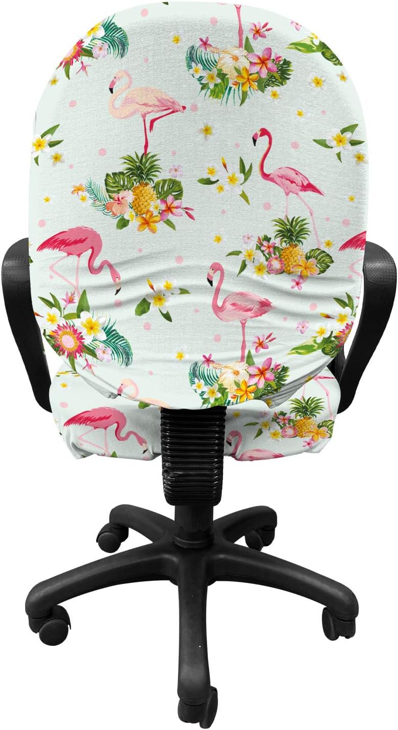 Ambesonne Flamingo Office Chair Slipcover, Flourishing Fresh Flowers with Pineapples and Dots Retro Style Birds Romantic, Protective Stretch Decorative Fabric Cover, Standard Size, Teal Magenta